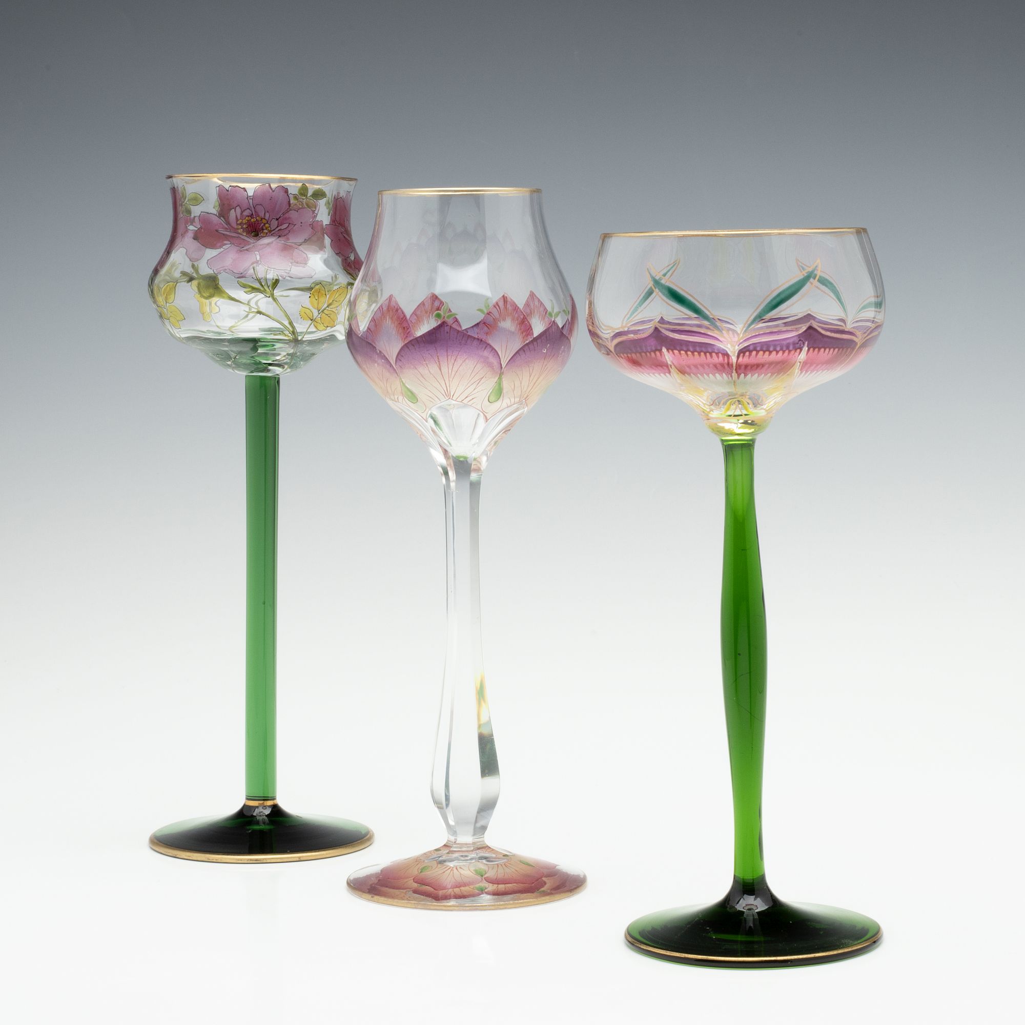 THREE DIFFERENT CONTINENTAL ART GLASS STEMS WITH ENAMEL