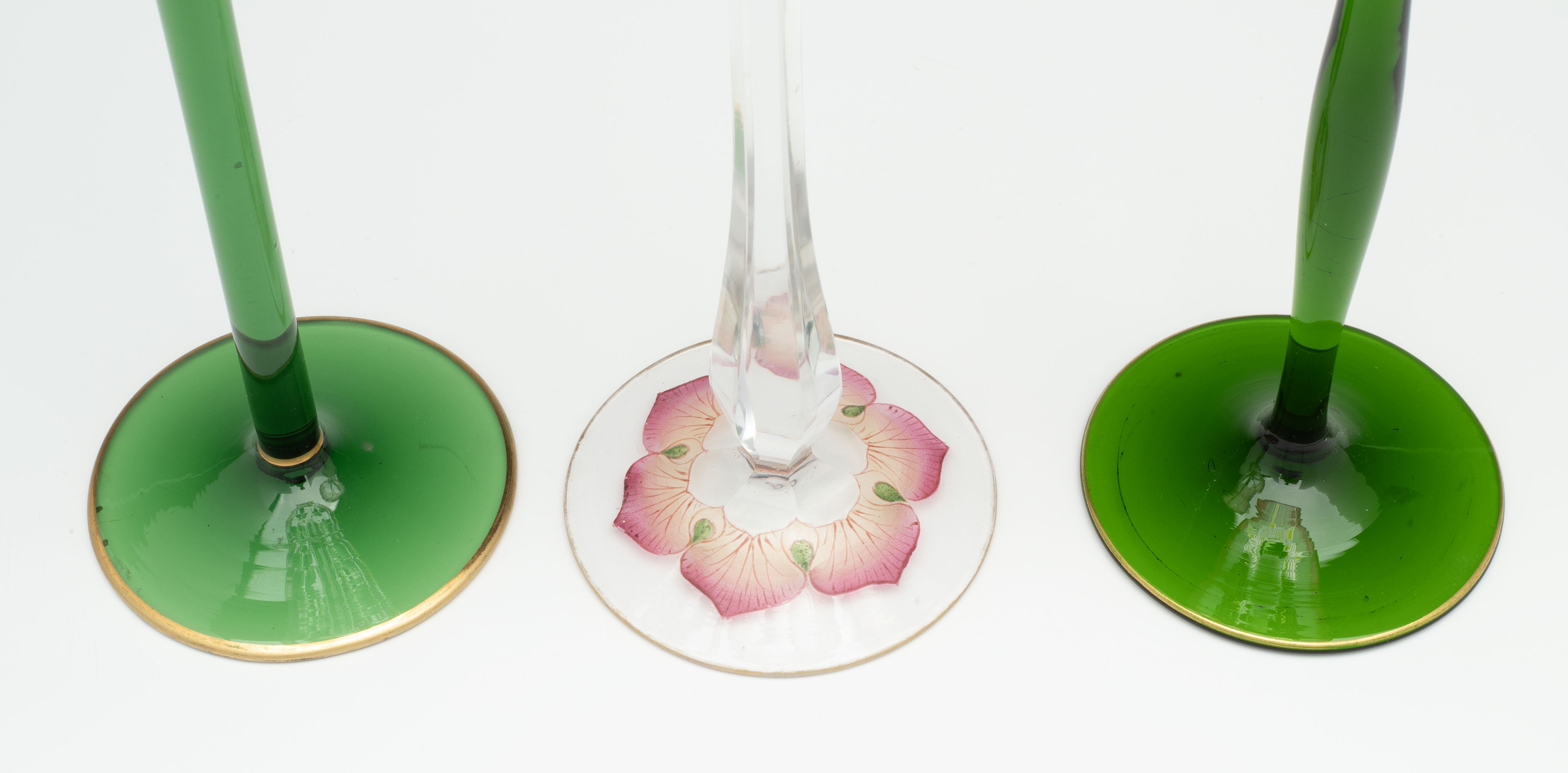 THREE DIFFERENT CONTINENTAL ART GLASS STEMS WITH ENAMEL