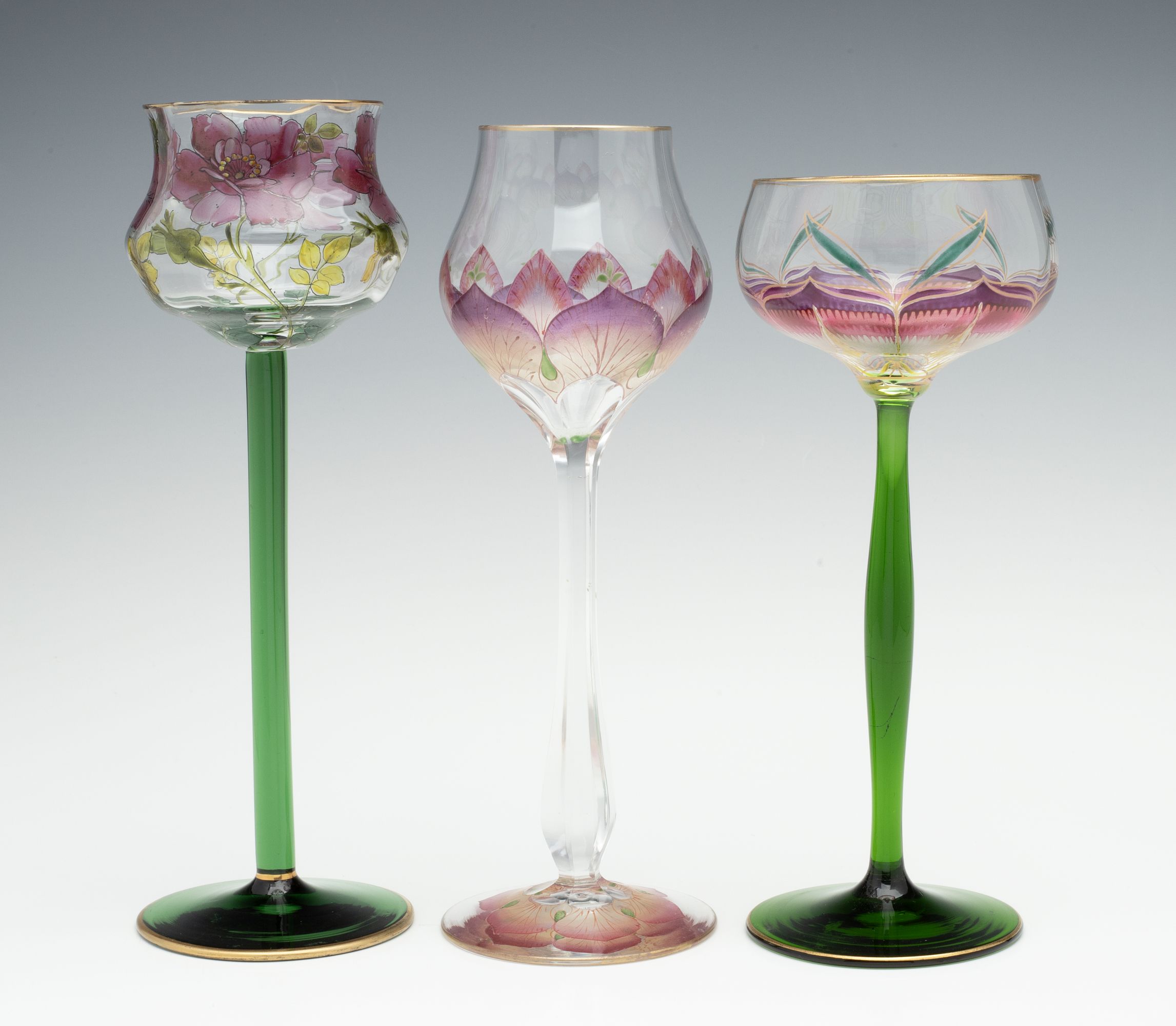 THREE DIFFERENT CONTINENTAL ART GLASS STEMS WITH ENAMEL