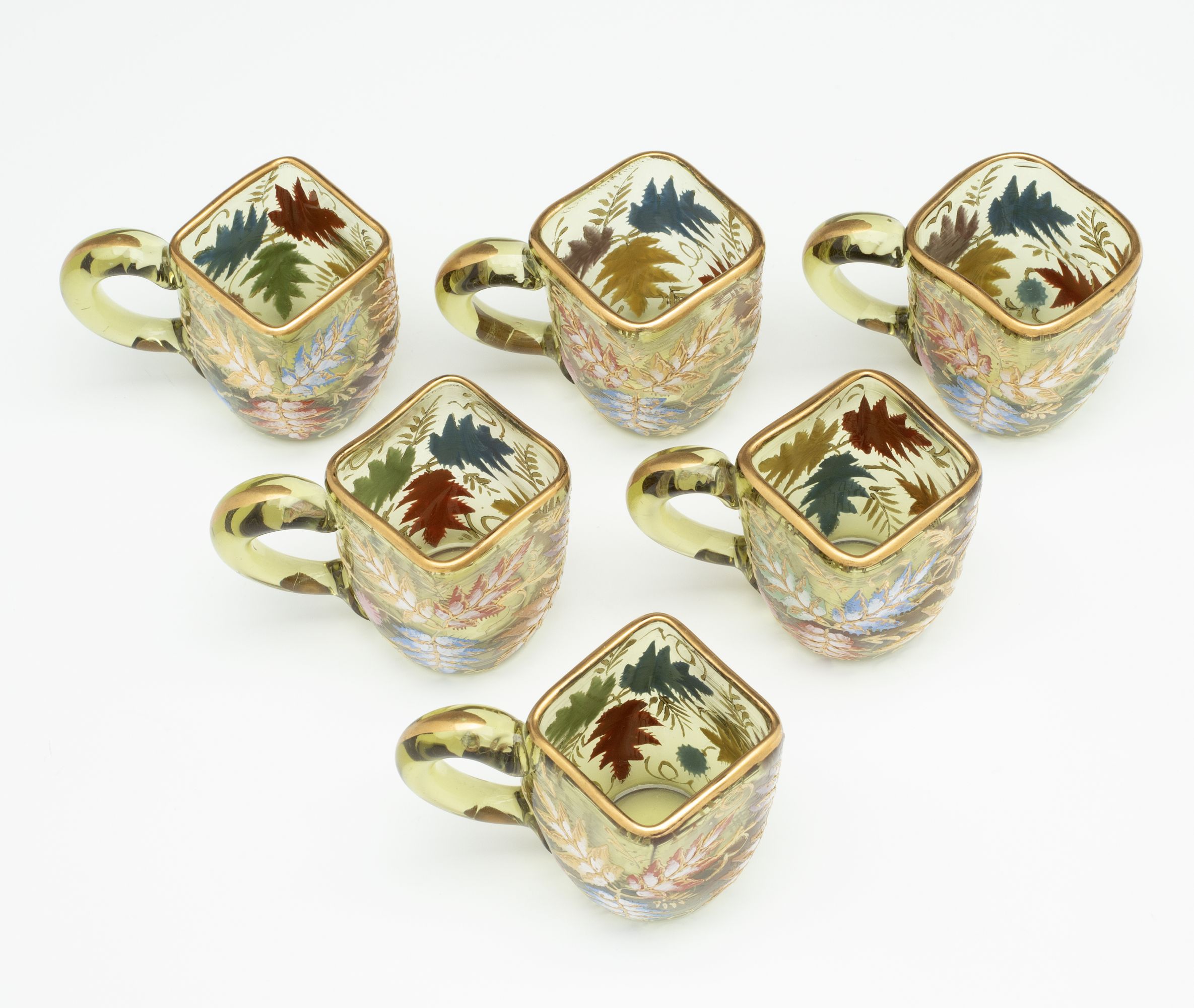 A MOSER GILT AND ENAMEL JUG, TRAY, AND MINIATURE CUPS