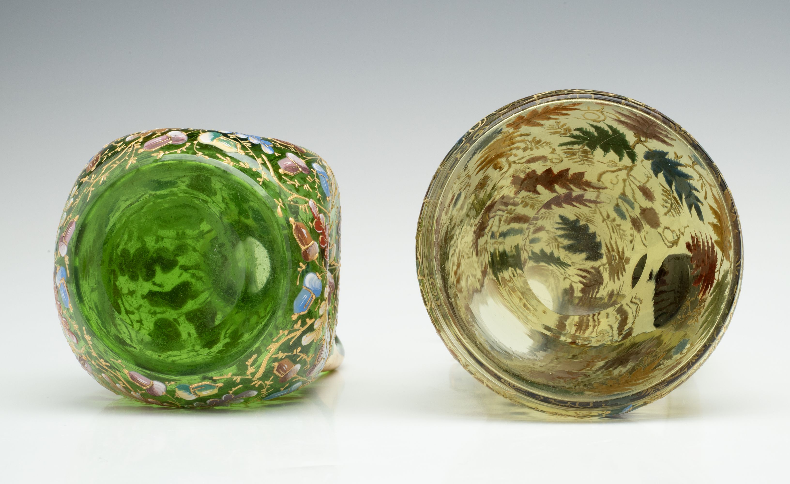 TWO MOSER GILT AND ENAMEL ART GLASS CRUETS