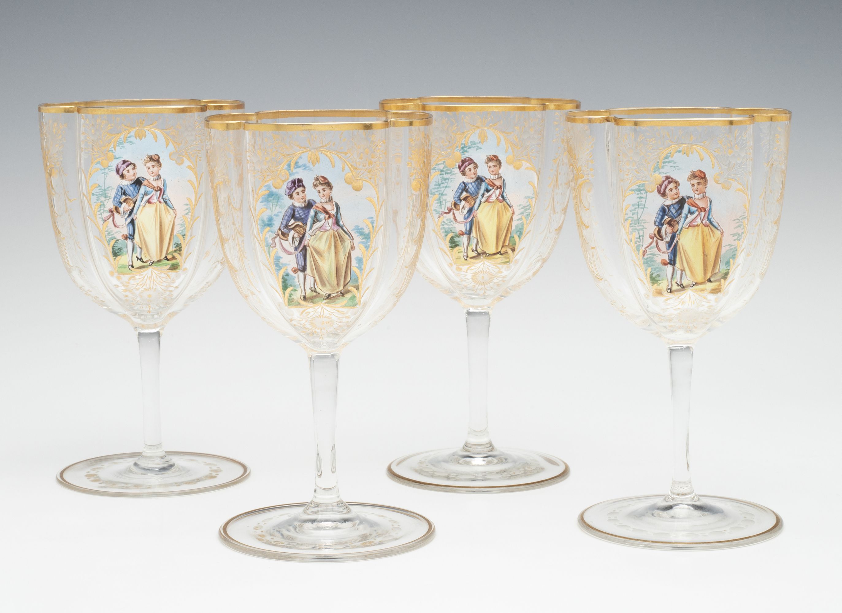 MOSER QUATREFOIL SHAPE WINES WITH ENAMEL COURTING SCENE