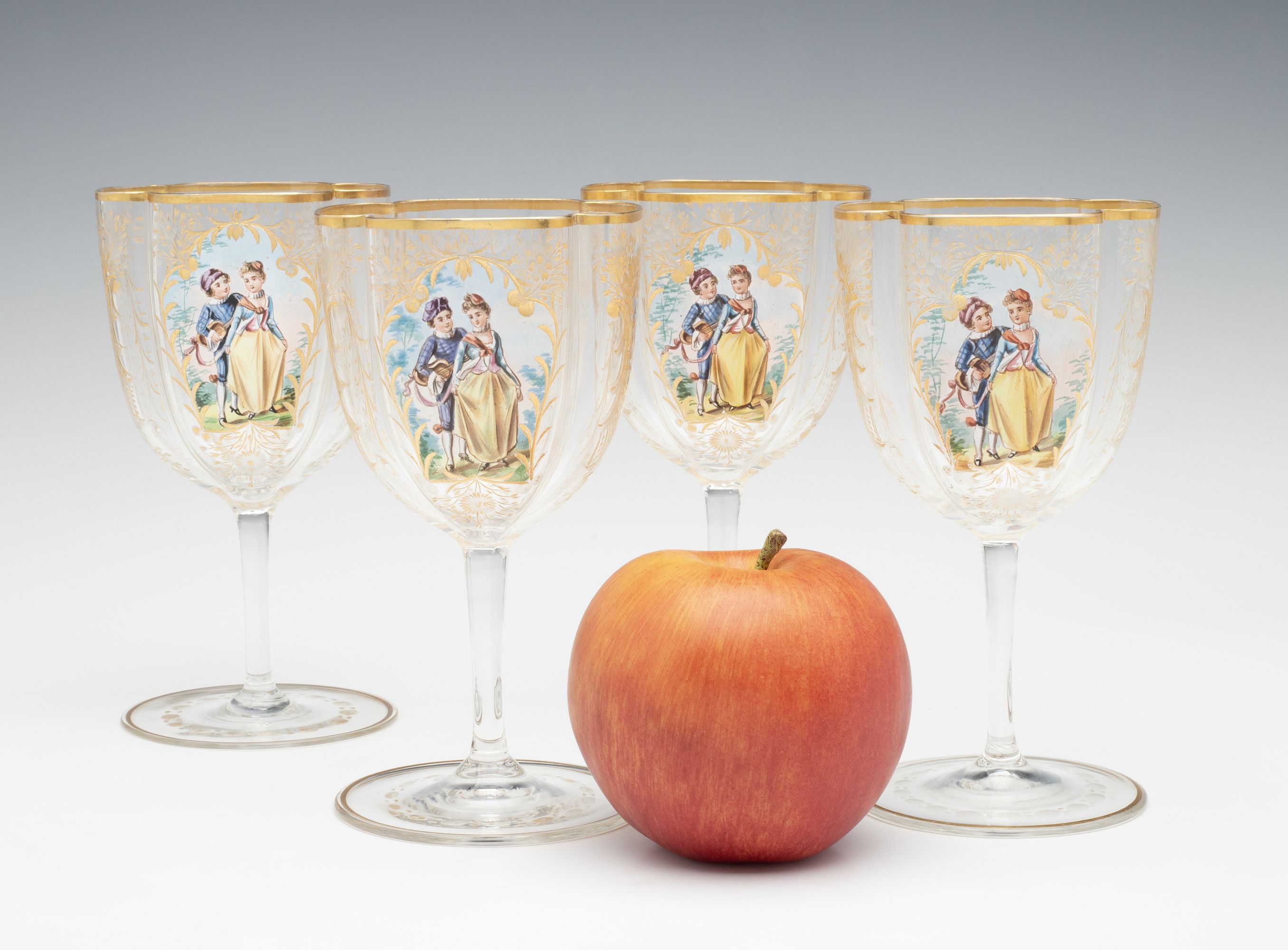 MOSER QUATREFOIL SHAPE WINES WITH ENAMEL COURTING SCENE