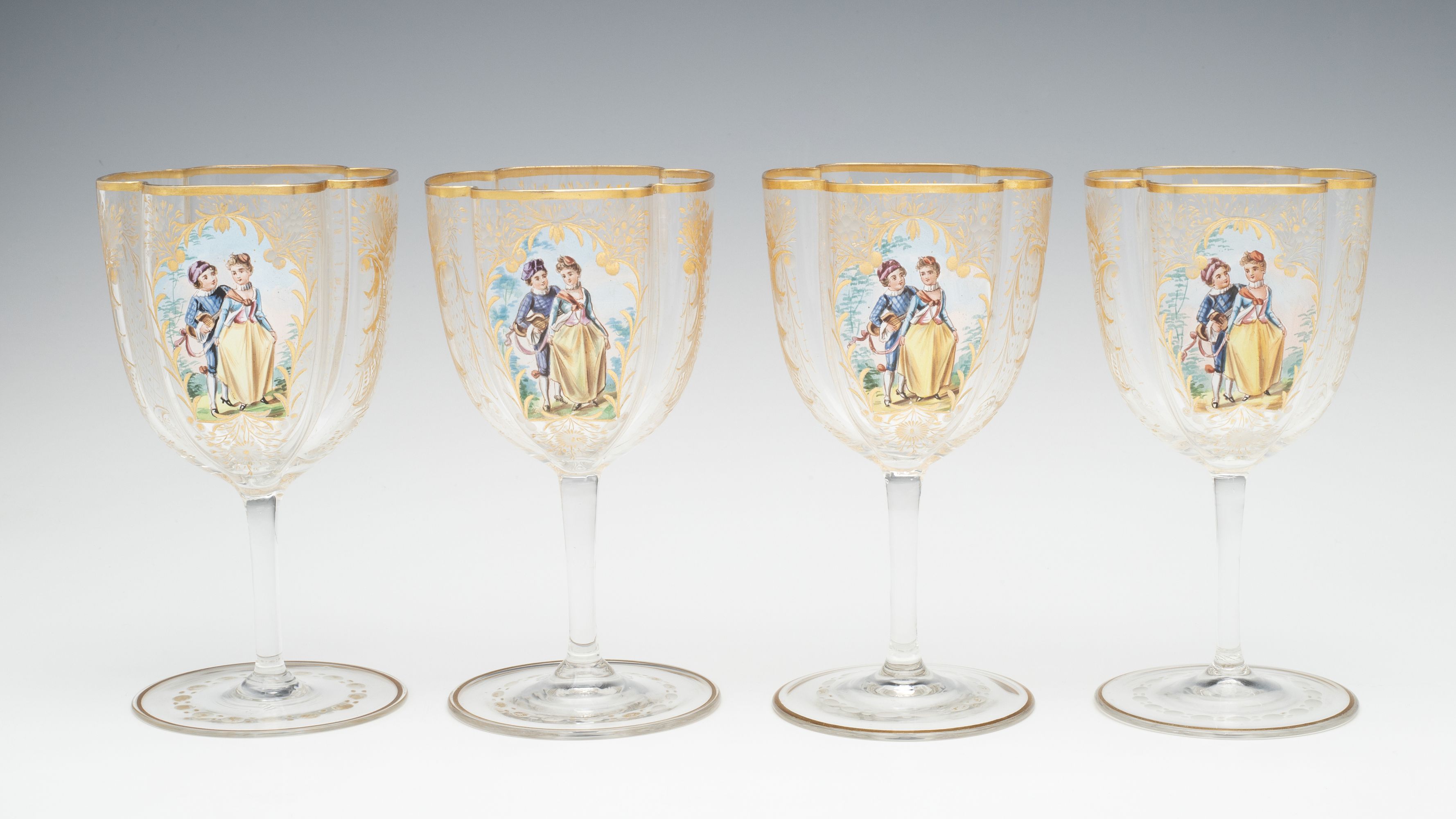 MOSER QUATREFOIL SHAPE WINES WITH ENAMEL COURTING SCENE