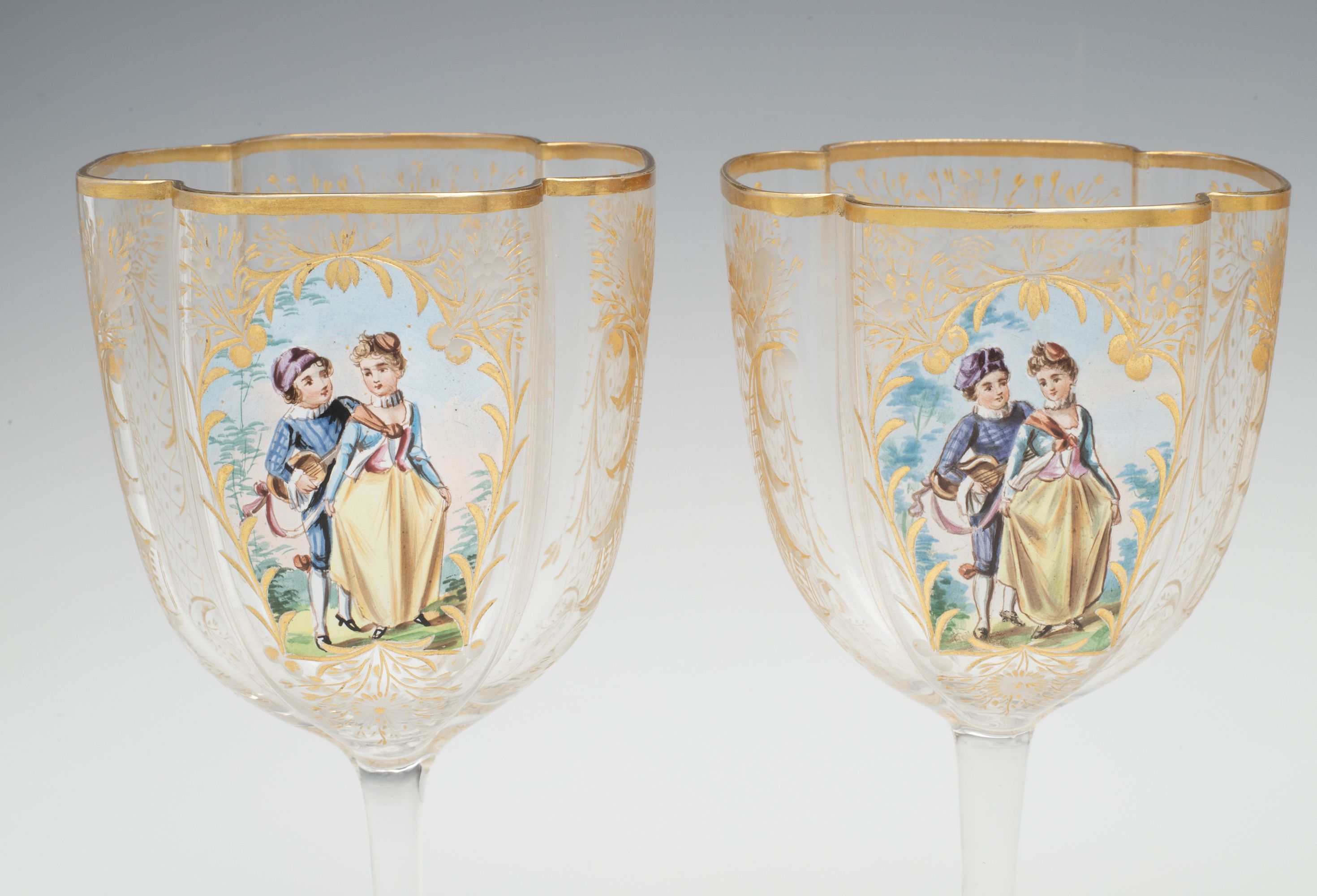 MOSER QUATREFOIL SHAPE WINES WITH ENAMEL COURTING SCENE