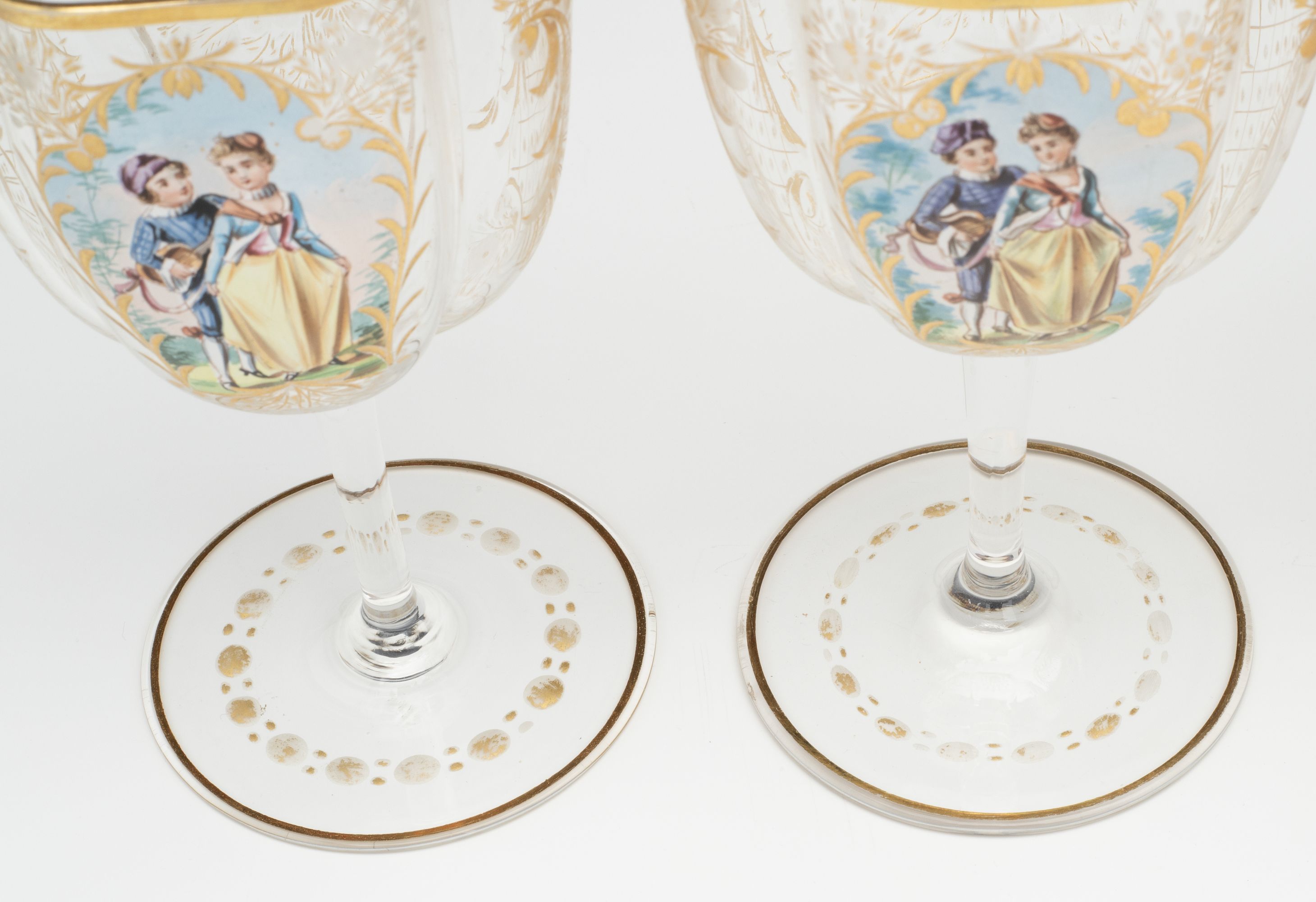 MOSER QUATREFOIL SHAPE WINES WITH ENAMEL COURTING SCENE