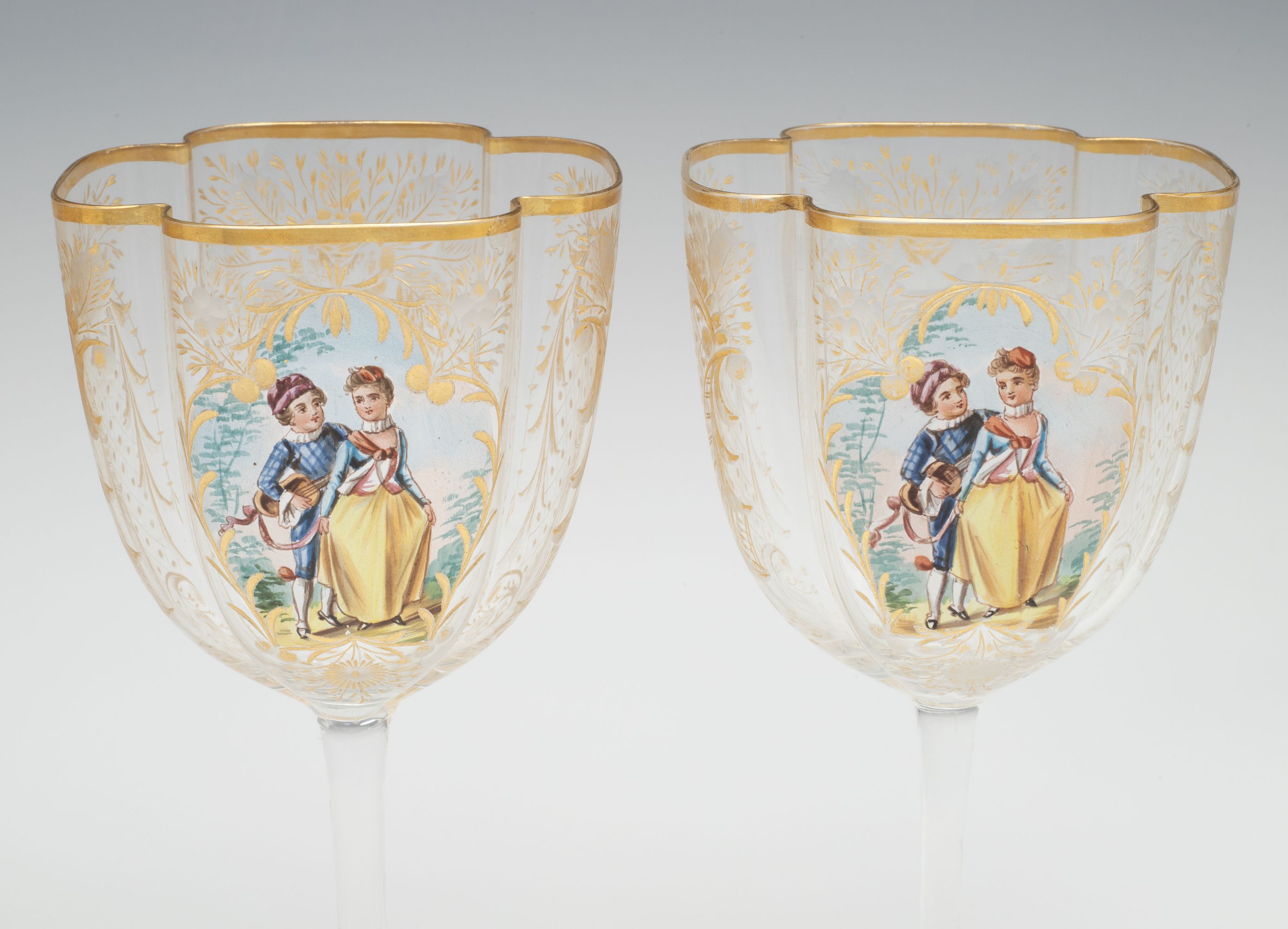 MOSER QUATREFOIL SHAPE WINES WITH ENAMEL COURTING SCENE