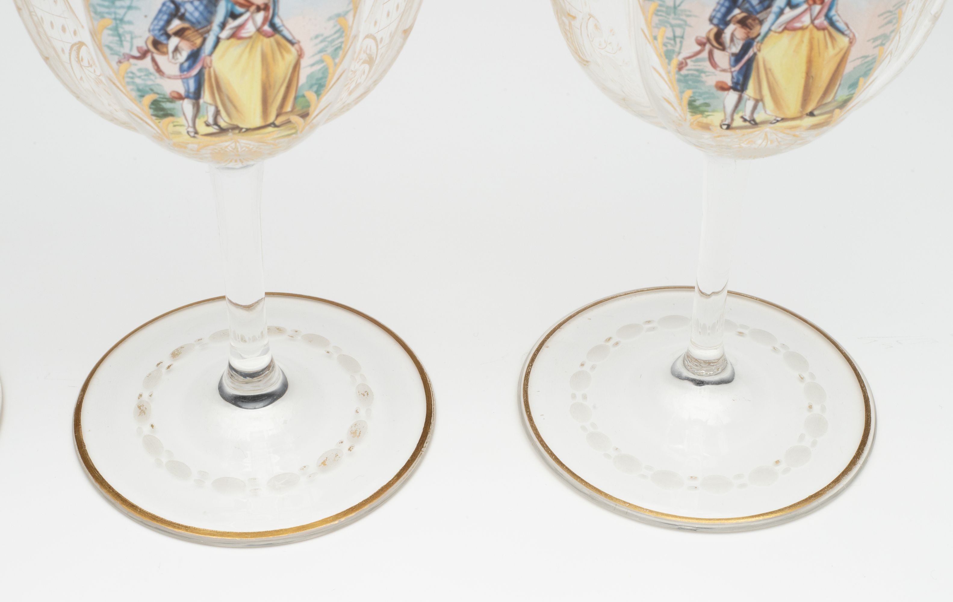 MOSER QUATREFOIL SHAPE WINES WITH ENAMEL COURTING SCENE