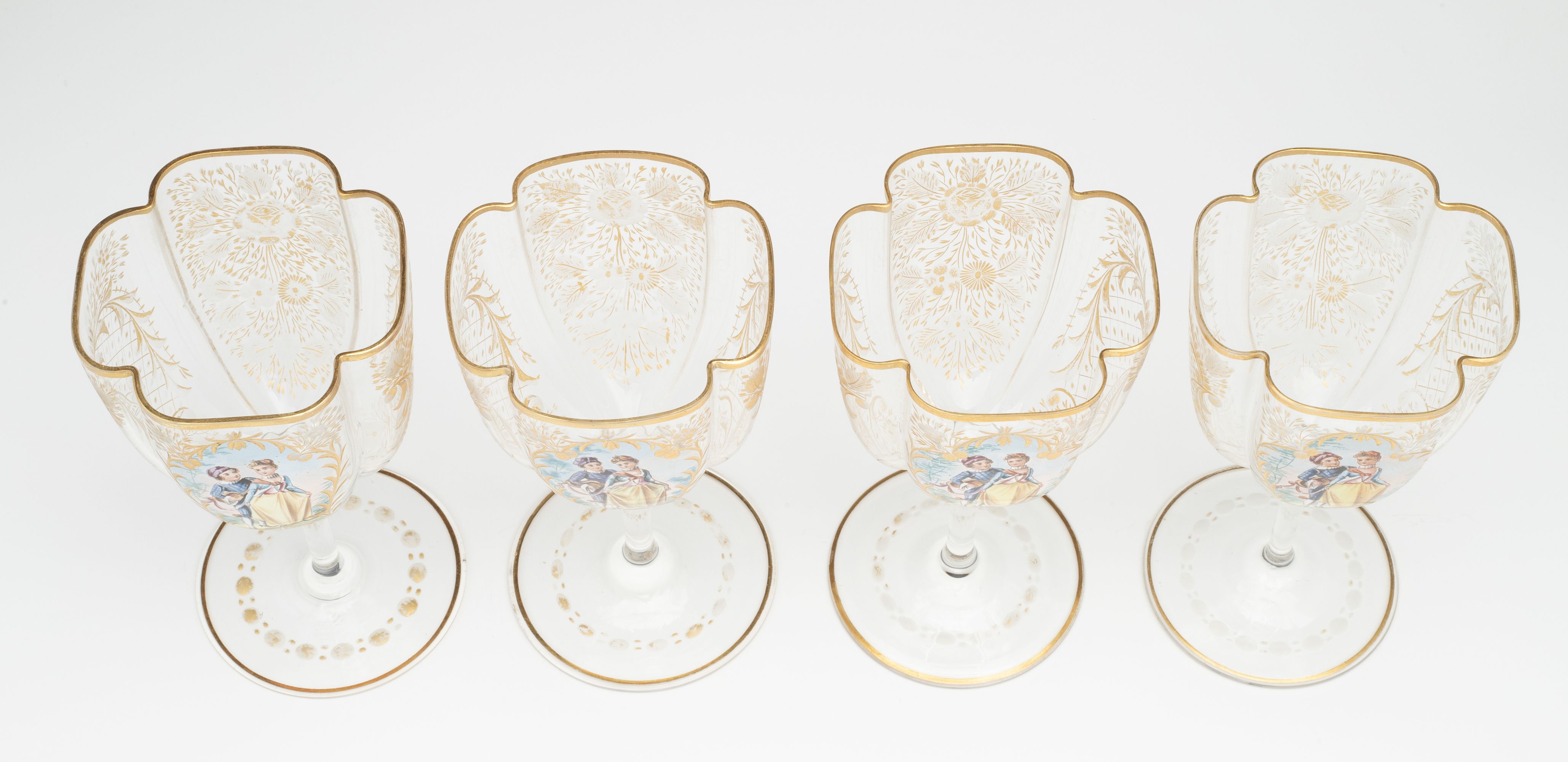 MOSER QUATREFOIL SHAPE WINES WITH ENAMEL COURTING SCENE