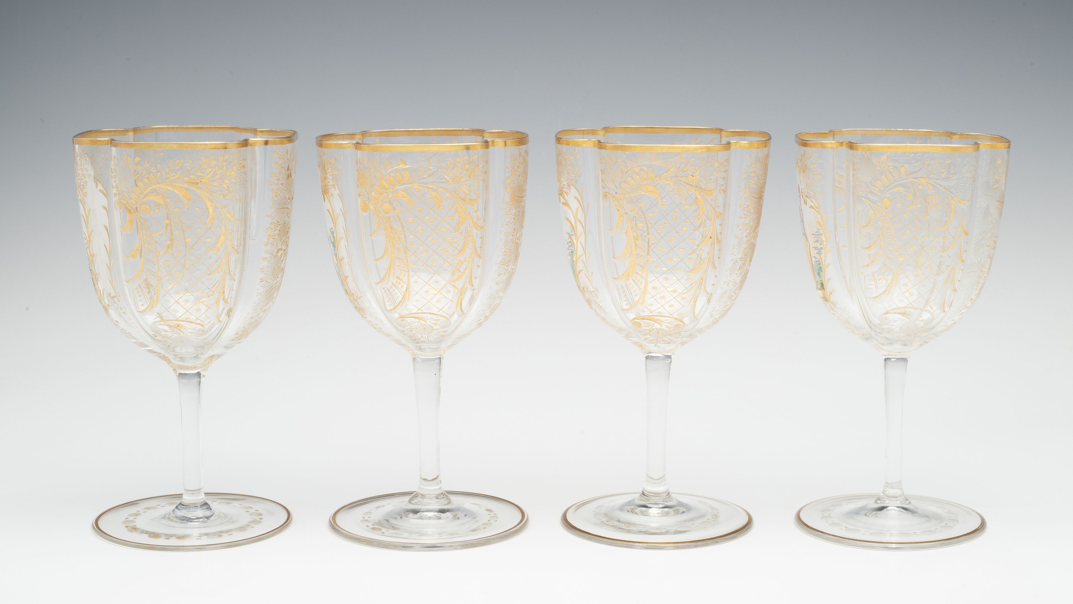 MOSER QUATREFOIL SHAPE WINES WITH ENAMEL COURTING SCENE