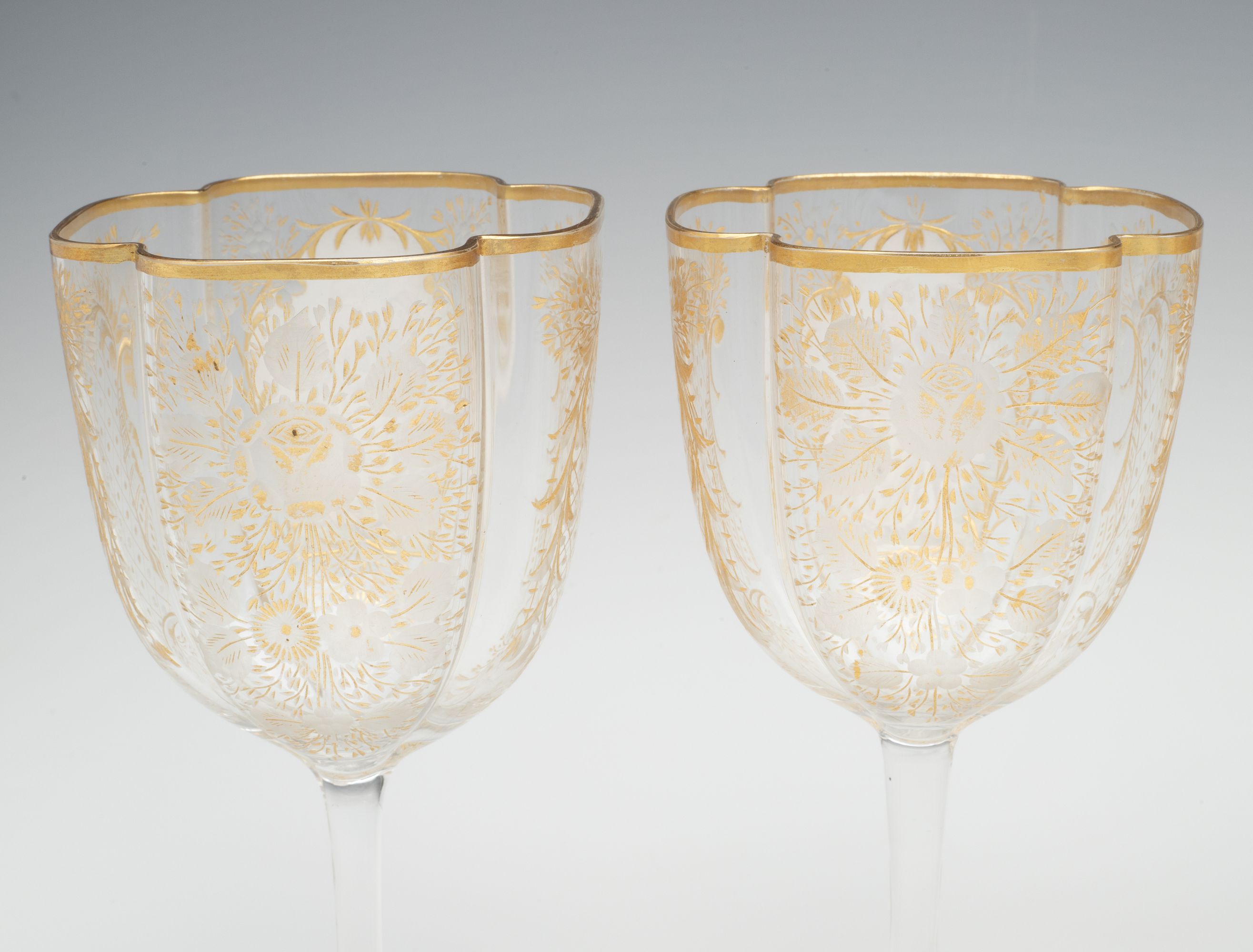 MOSER QUATREFOIL SHAPE WINES WITH ENAMEL COURTING SCENE