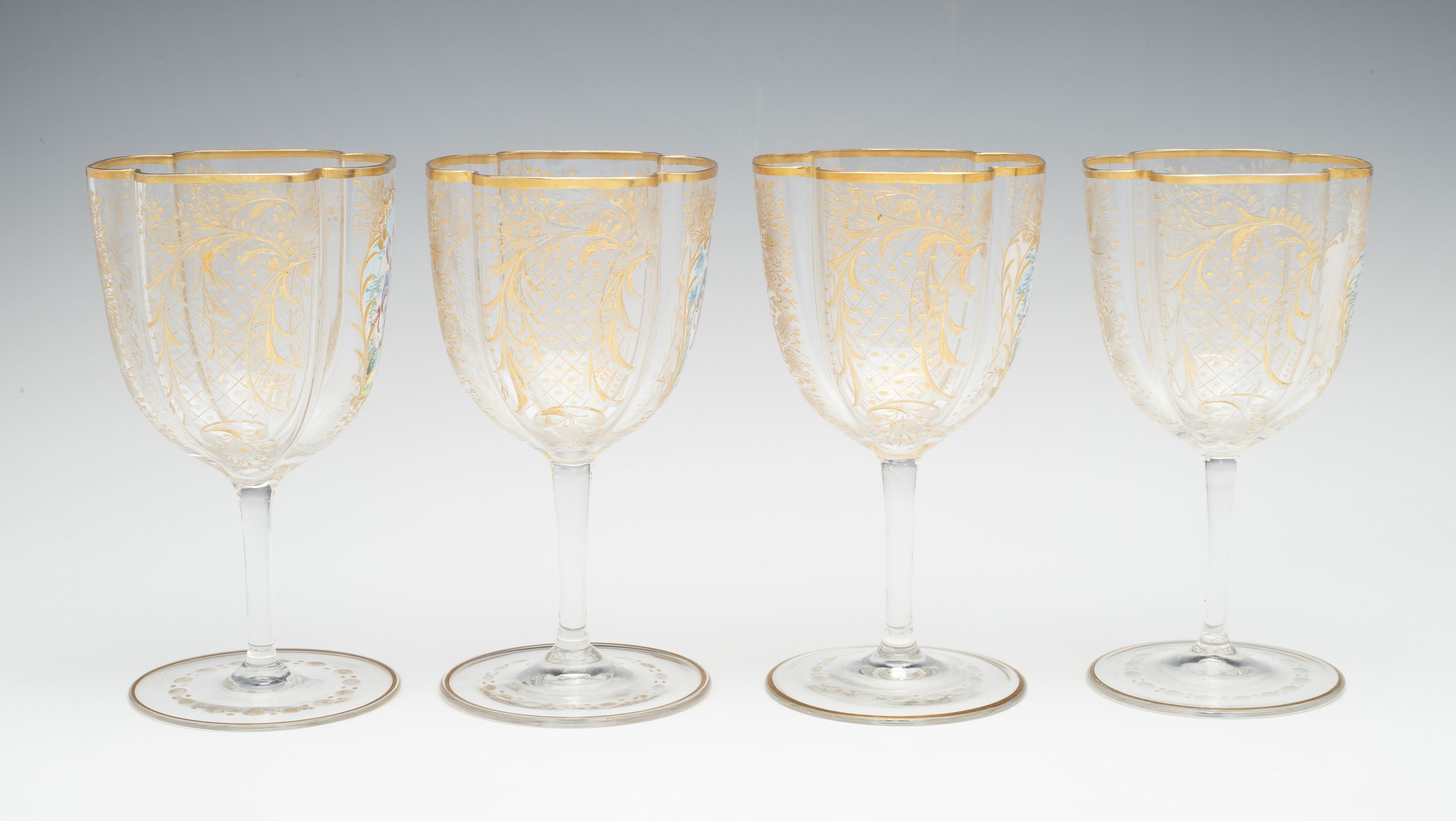 MOSER QUATREFOIL SHAPE WINES WITH ENAMEL COURTING SCENE