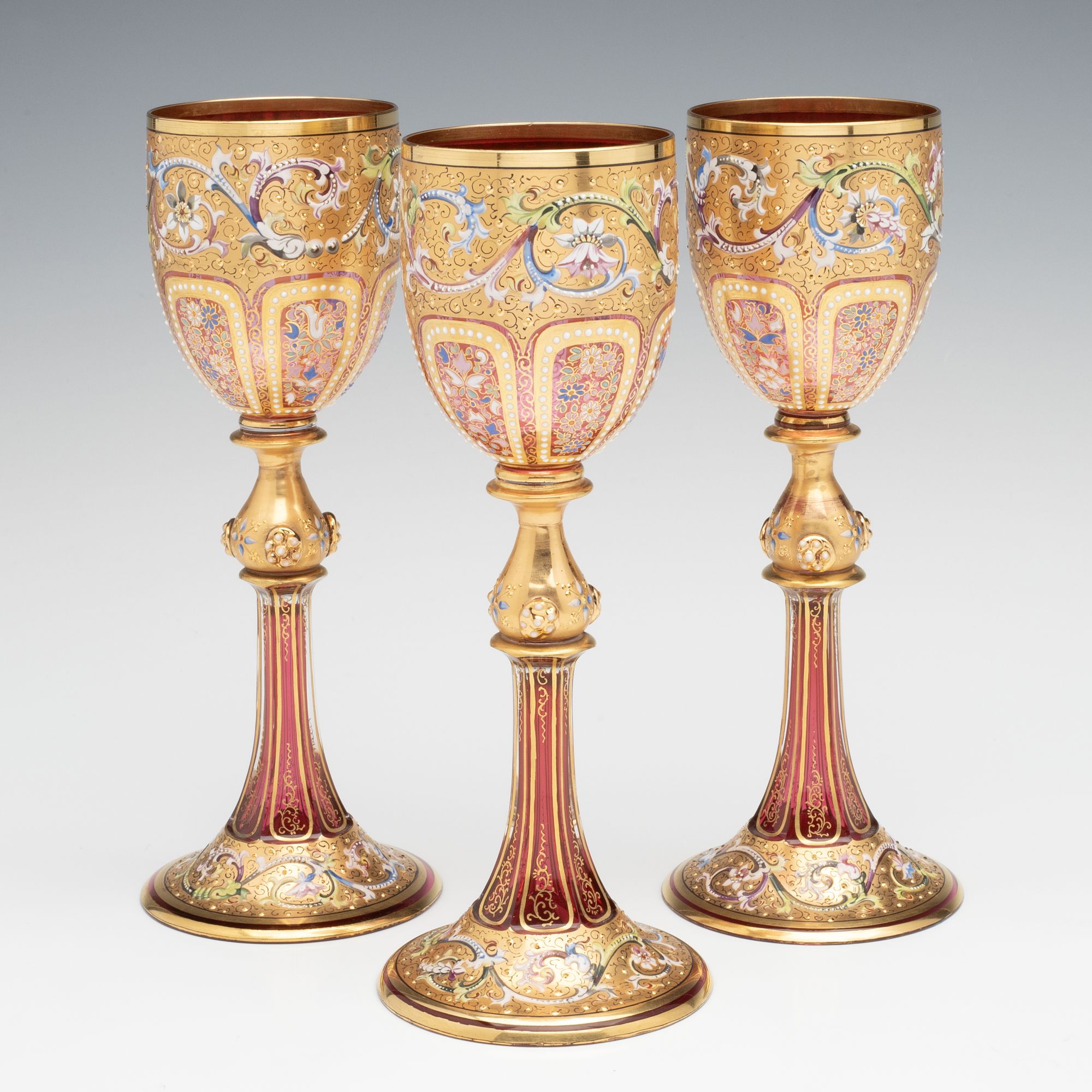 EXCEPTIONALLY FINE MOSER GILT & ENAMELED WINE GOBLETS