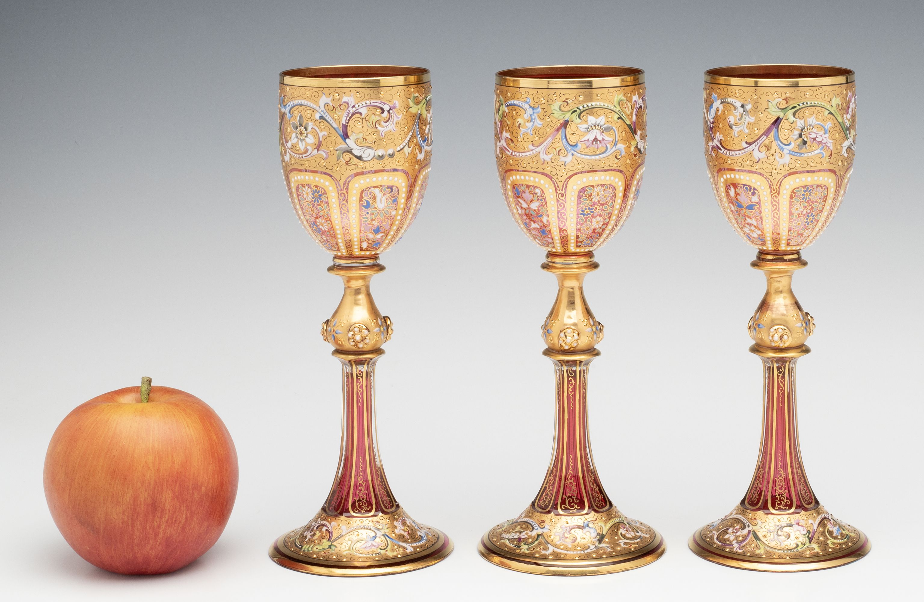 EXCEPTIONALLY FINE MOSER GILT & ENAMELED WINE GOBLETS