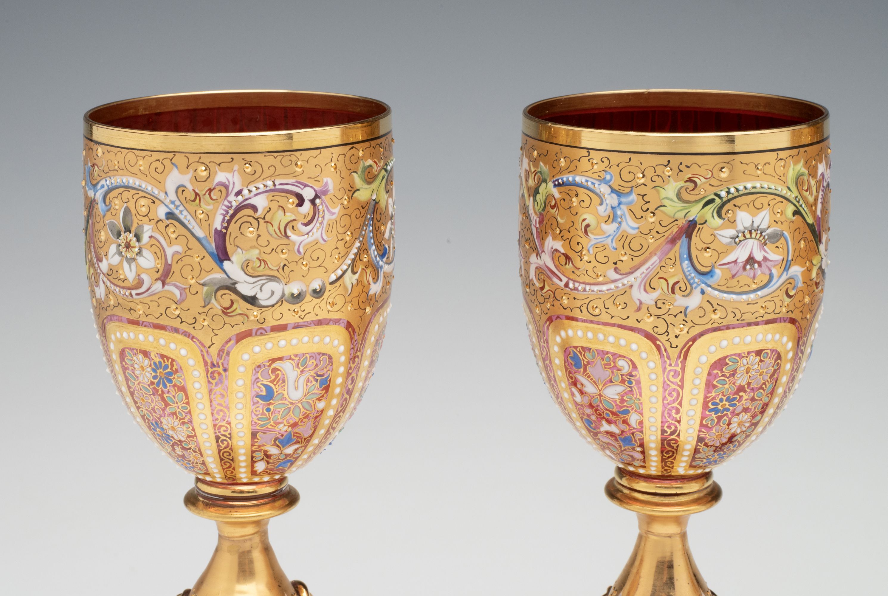 EXCEPTIONALLY FINE MOSER GILT & ENAMELED WINE GOBLETS