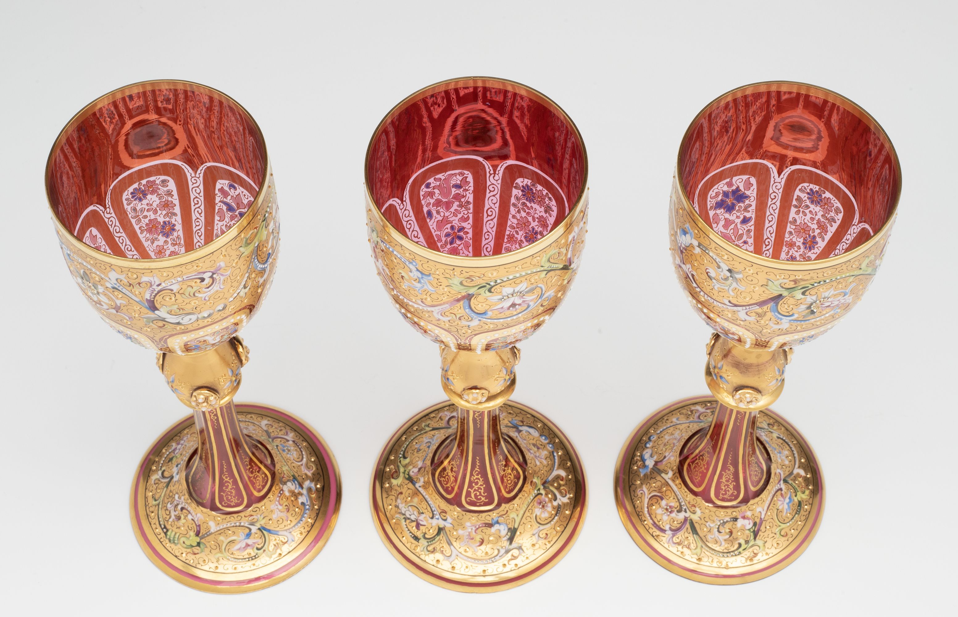 EXCEPTIONALLY FINE MOSER GILT & ENAMELED WINE GOBLETS