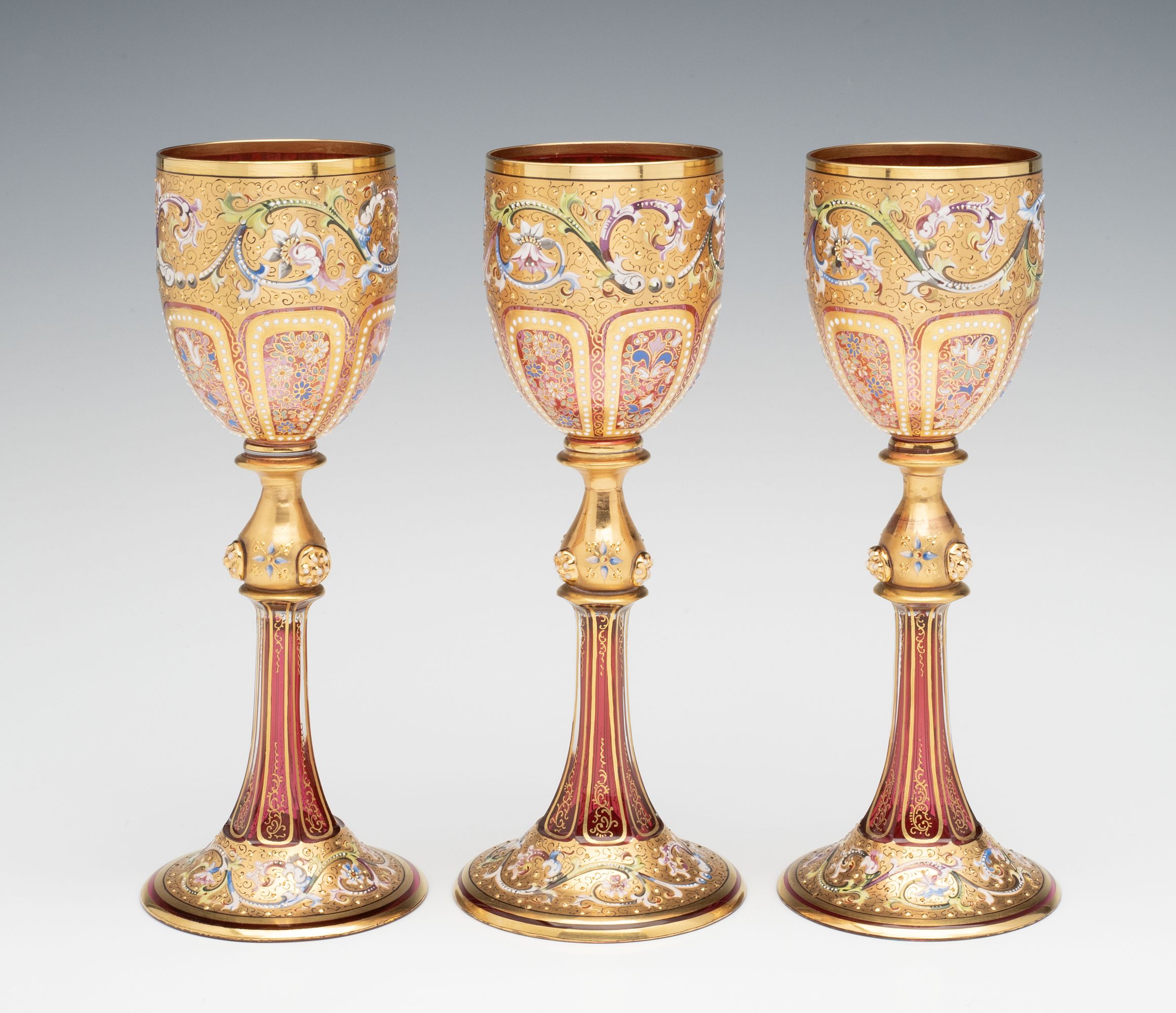 EXCEPTIONALLY FINE MOSER GILT & ENAMELED WINE GOBLETS