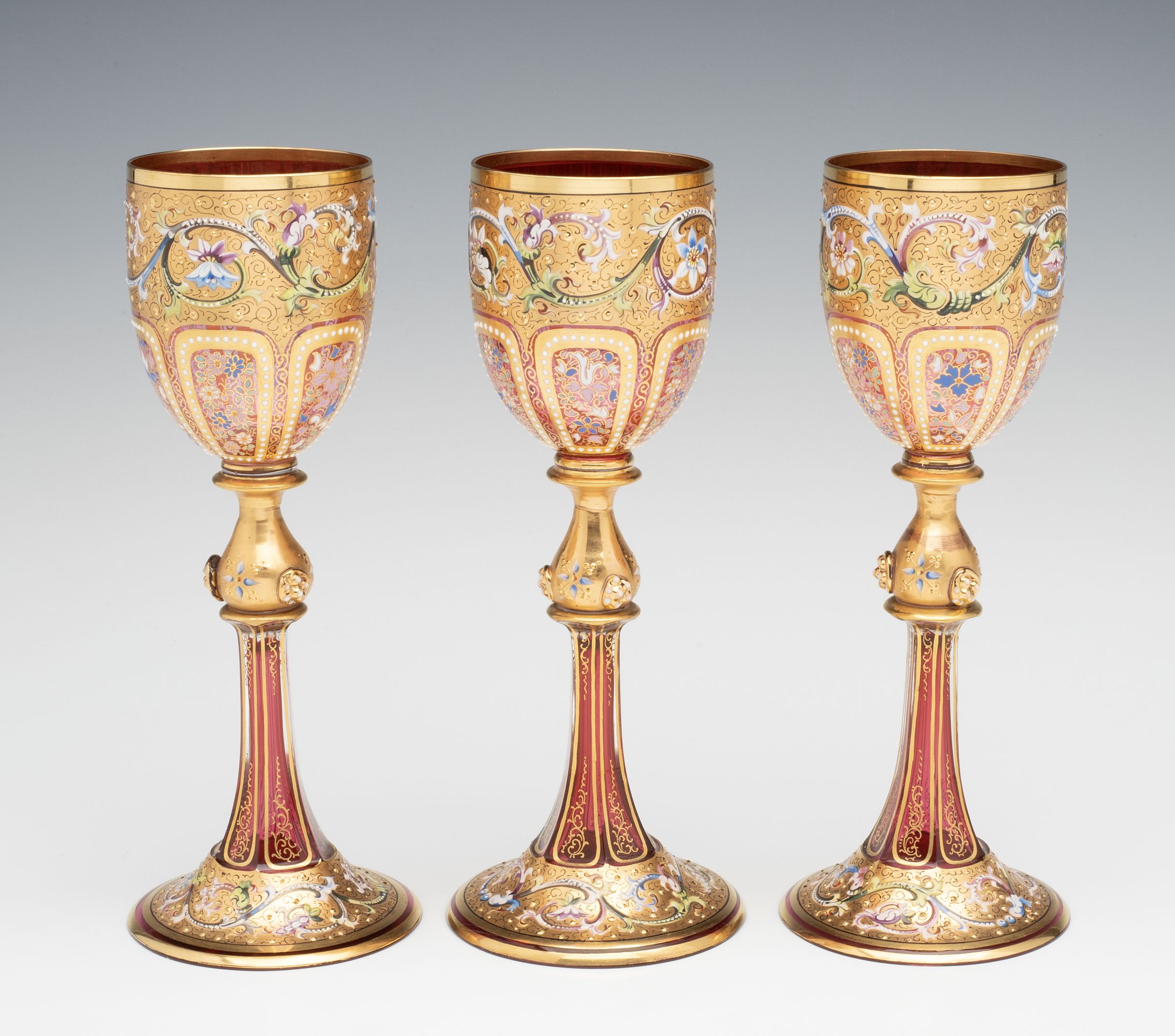 EXCEPTIONALLY FINE MOSER GILT & ENAMELED WINE GOBLETS