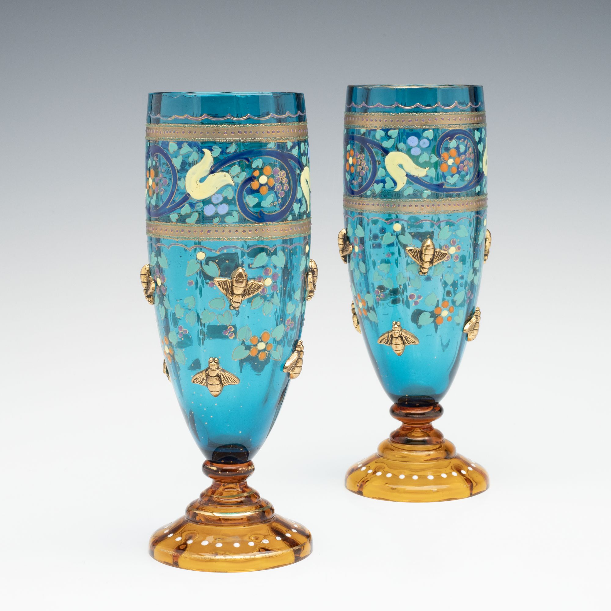 MOSER BLUE CRYSTAL TUMBLERS ACCENTED BY GILDED BEES