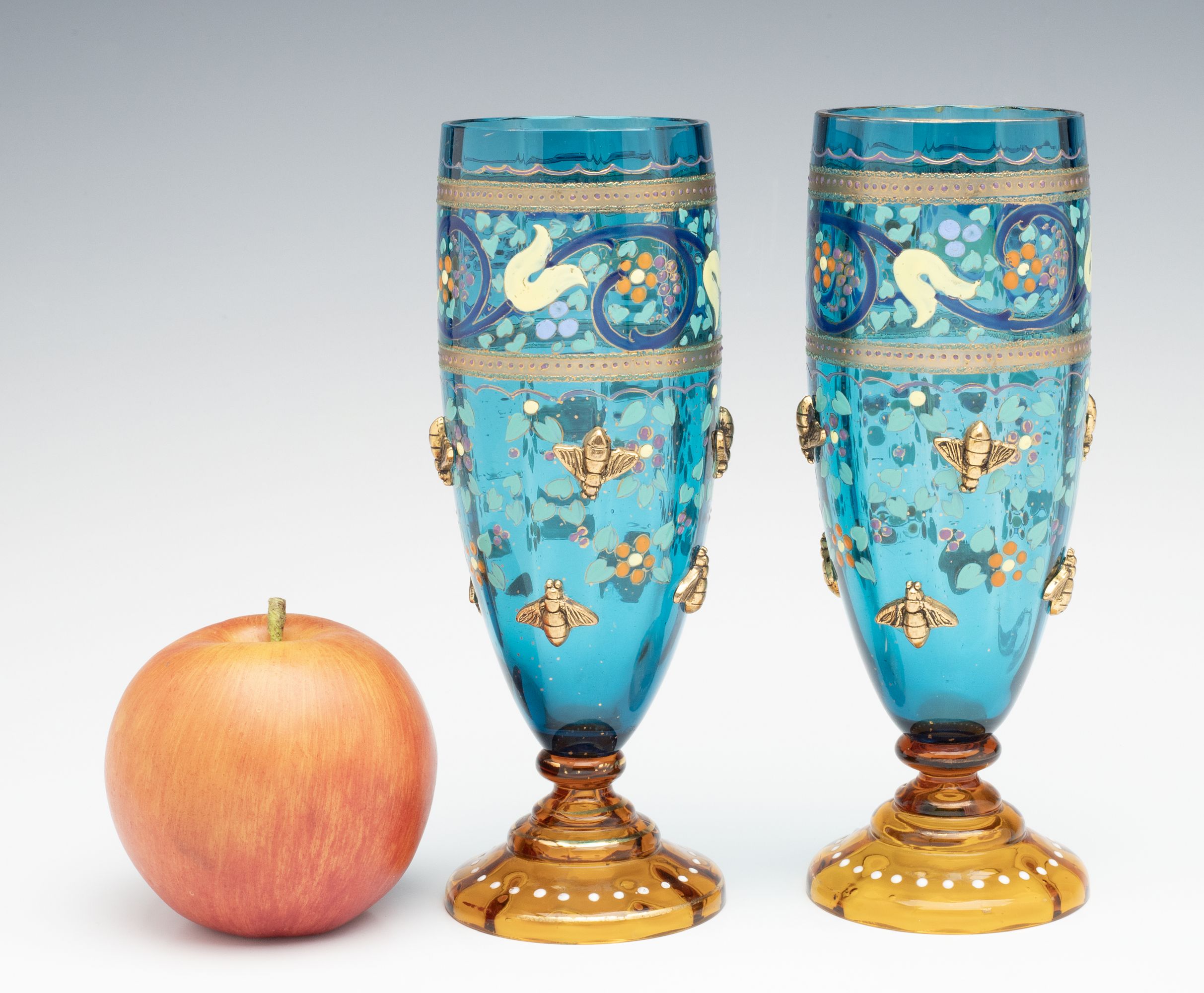 MOSER BLUE CRYSTAL TUMBLERS ACCENTED BY GILDED BEES