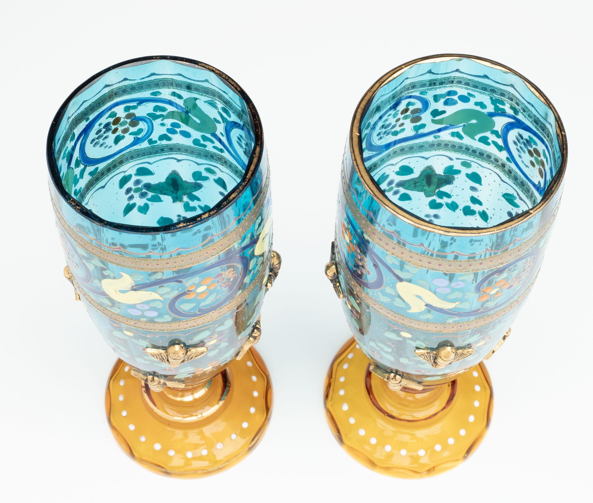 MOSER BLUE CRYSTAL TUMBLERS ACCENTED BY GILDED BEES