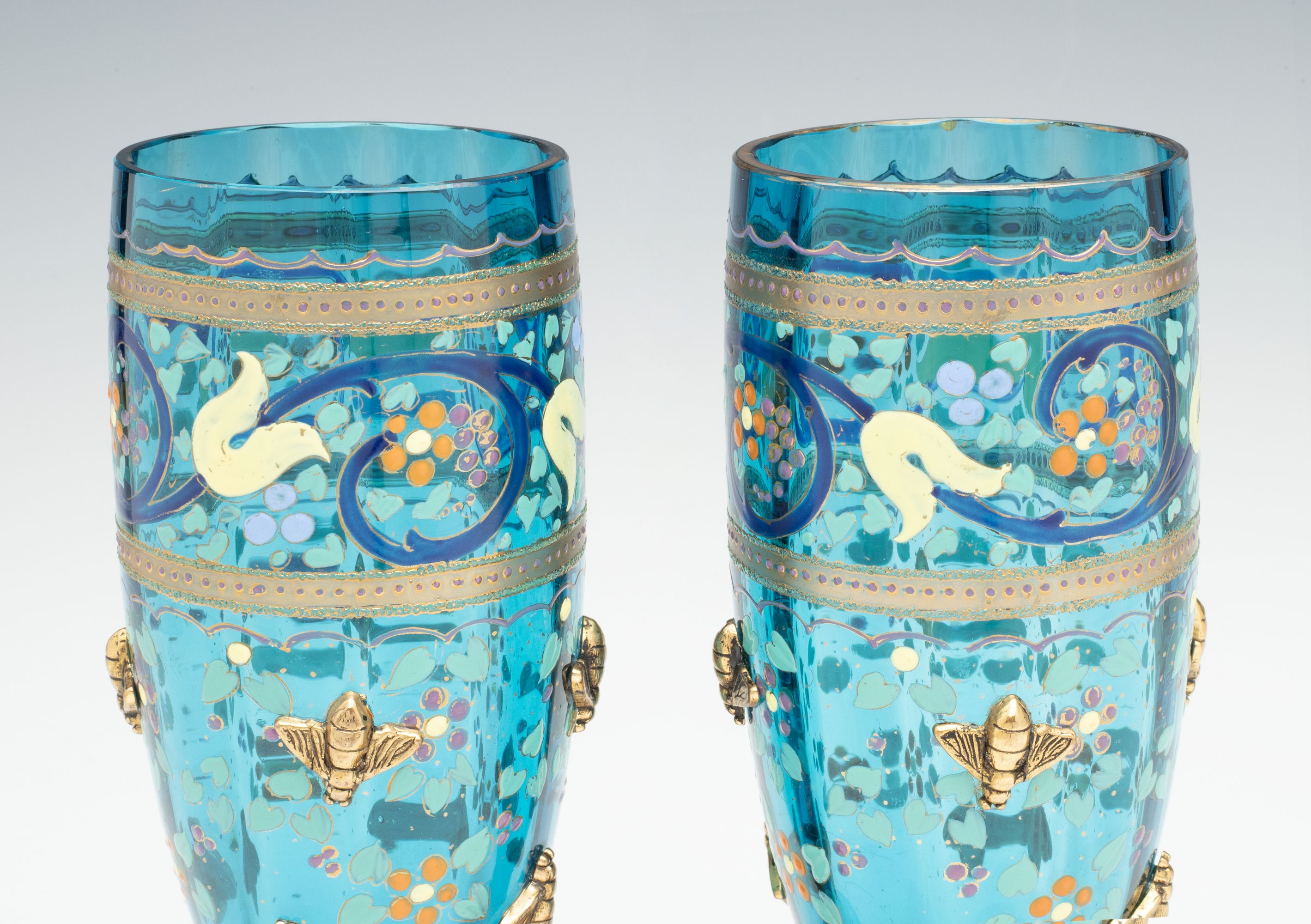 MOSER BLUE CRYSTAL TUMBLERS ACCENTED BY GILDED BEES