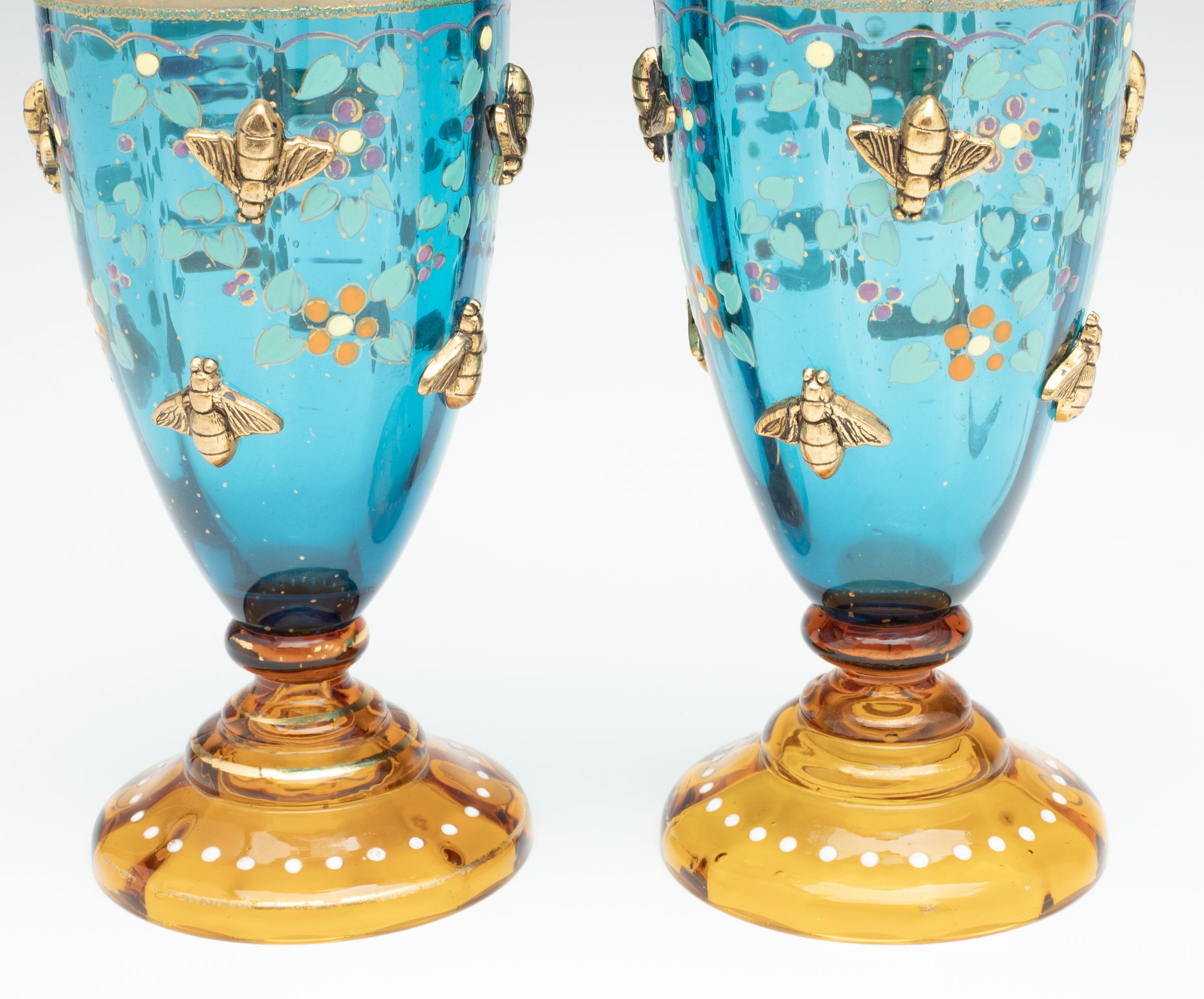 MOSER BLUE CRYSTAL TUMBLERS ACCENTED BY GILDED BEES