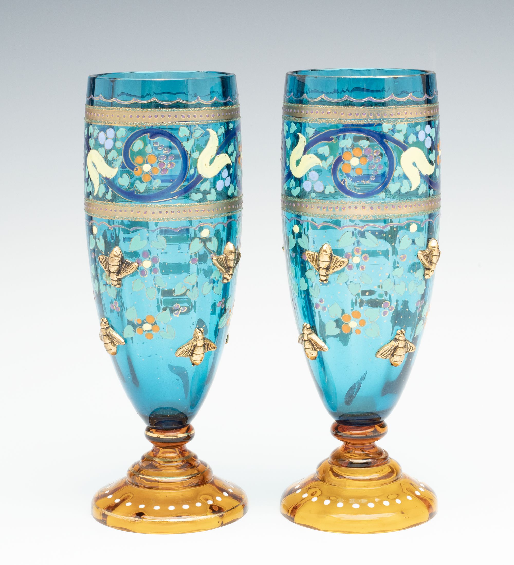 MOSER BLUE CRYSTAL TUMBLERS ACCENTED BY GILDED BEES