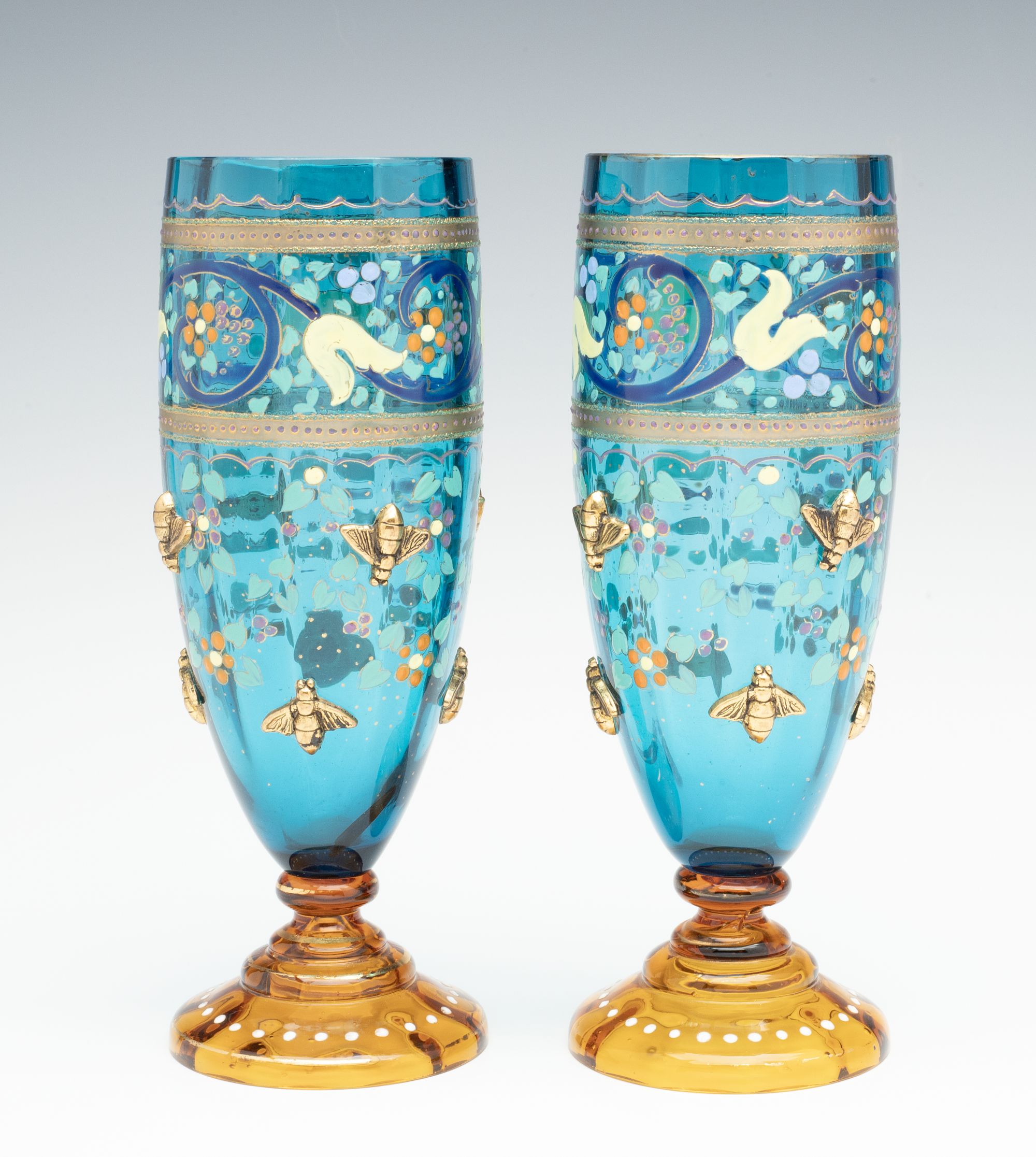 MOSER BLUE CRYSTAL TUMBLERS ACCENTED BY GILDED BEES