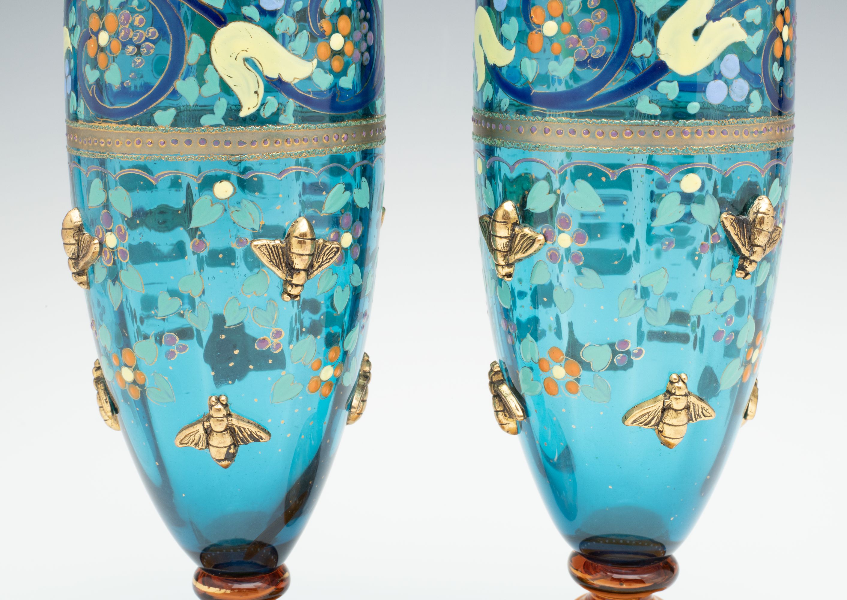 MOSER BLUE CRYSTAL TUMBLERS ACCENTED BY GILDED BEES