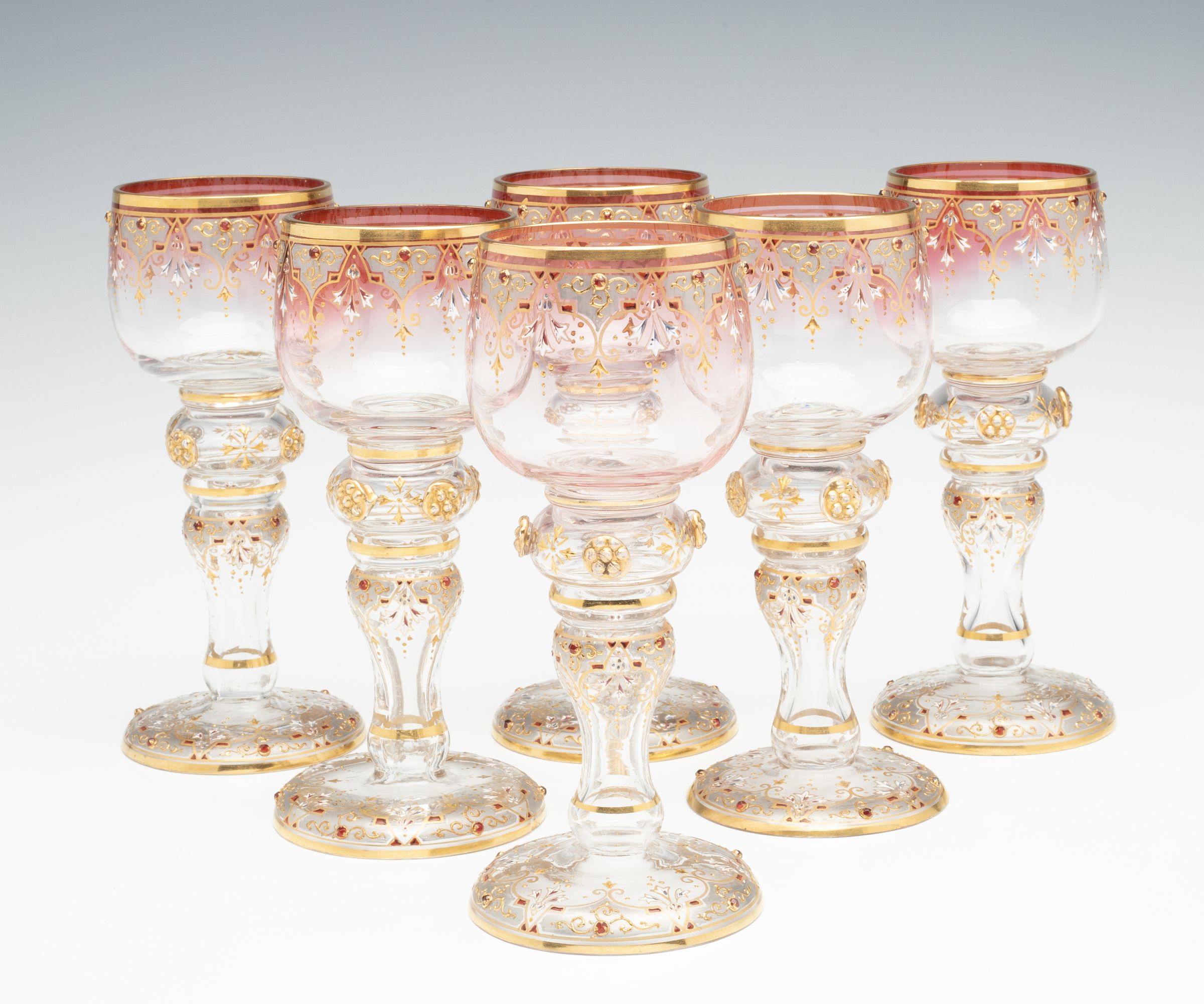 SIX JEWELED AND ENAMELED BOHEMIAN ART GLASS GOBLETS