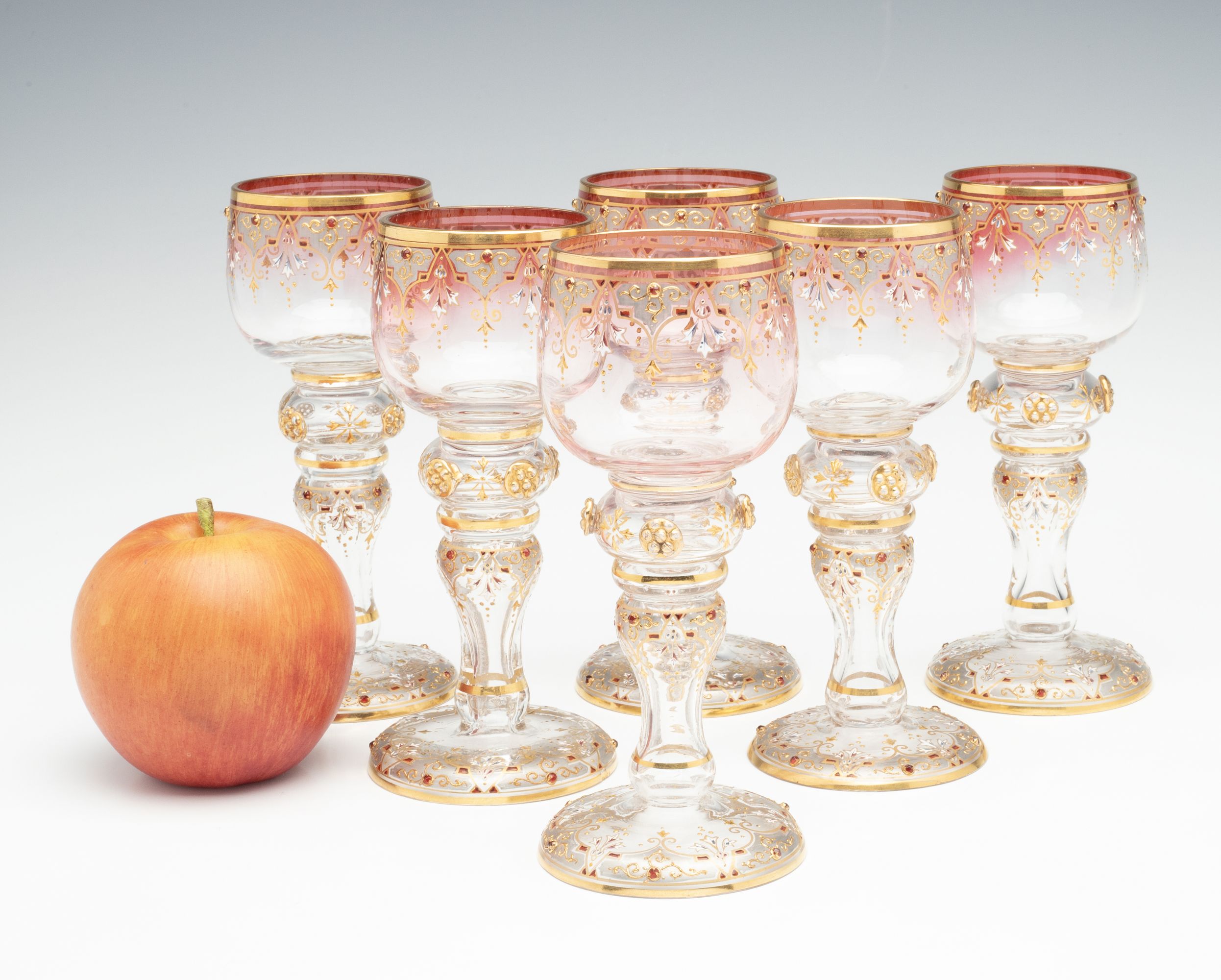 SIX JEWELED AND ENAMELED BOHEMIAN ART GLASS GOBLETS