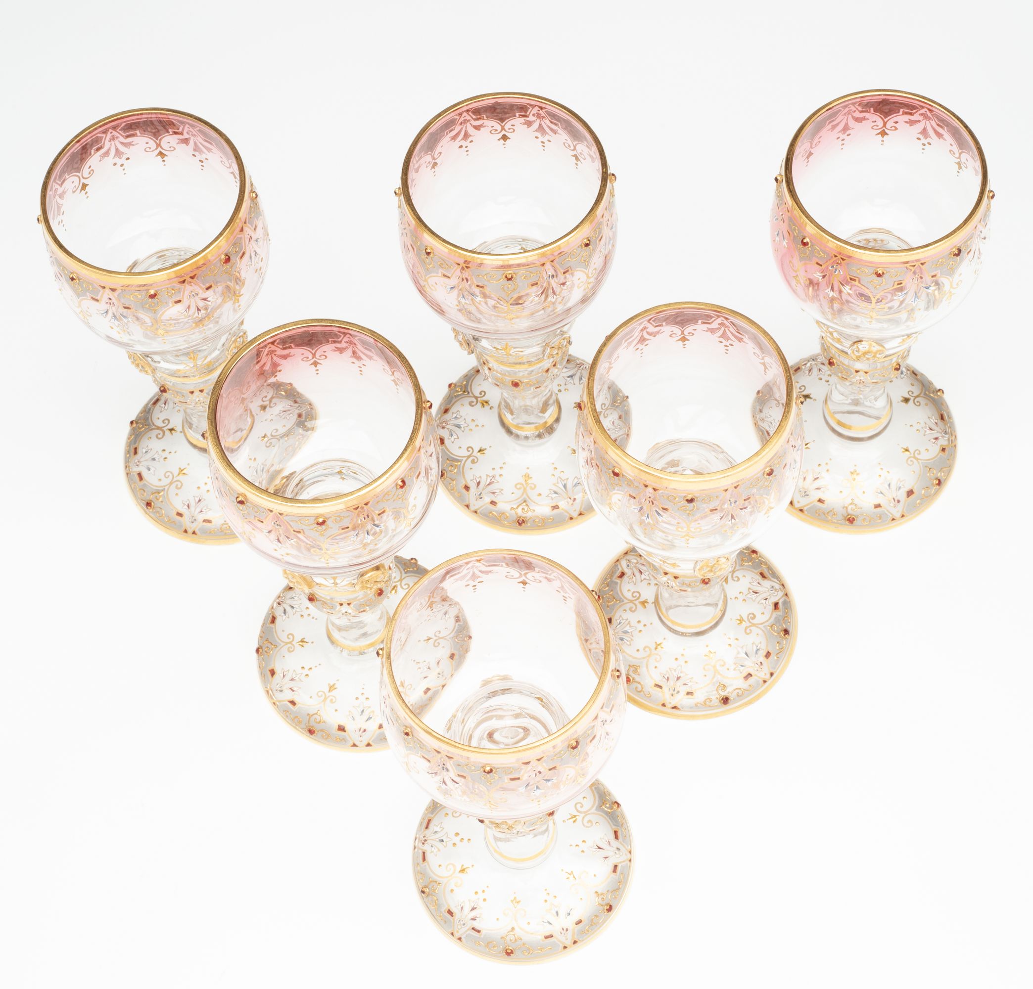 SIX JEWELED AND ENAMELED BOHEMIAN ART GLASS GOBLETS