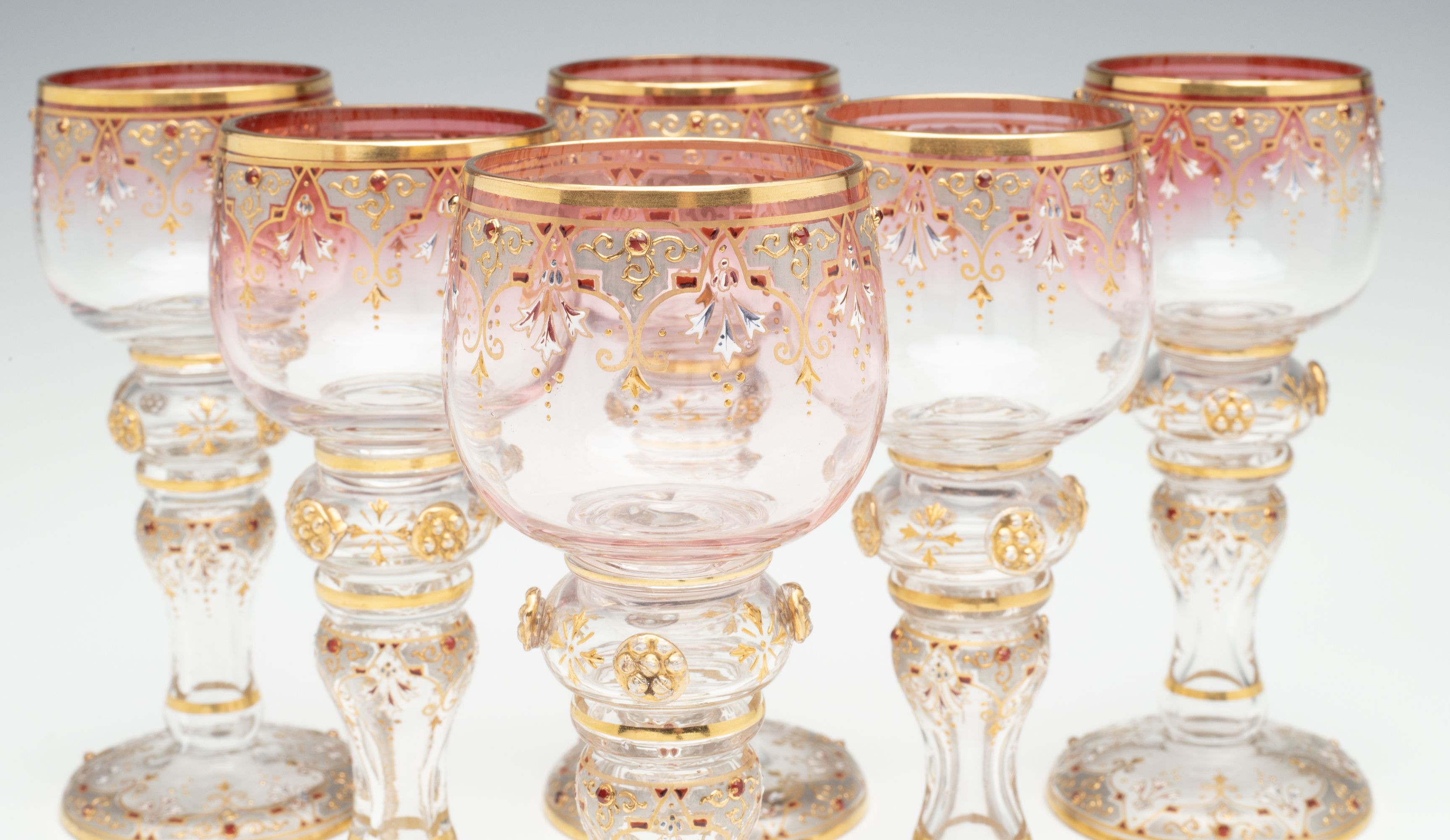 SIX JEWELED AND ENAMELED BOHEMIAN ART GLASS GOBLETS