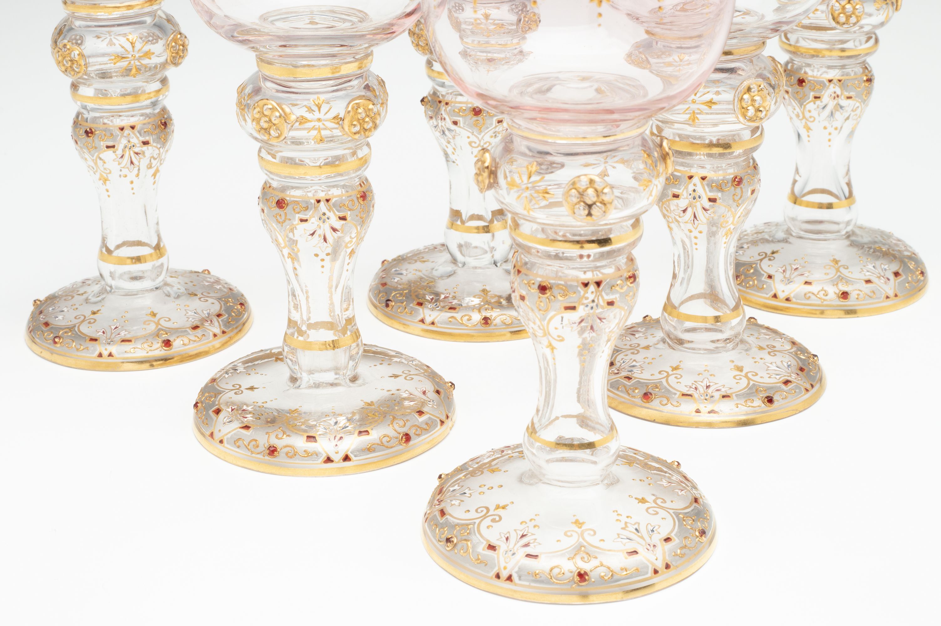 SIX JEWELED AND ENAMELED BOHEMIAN ART GLASS GOBLETS