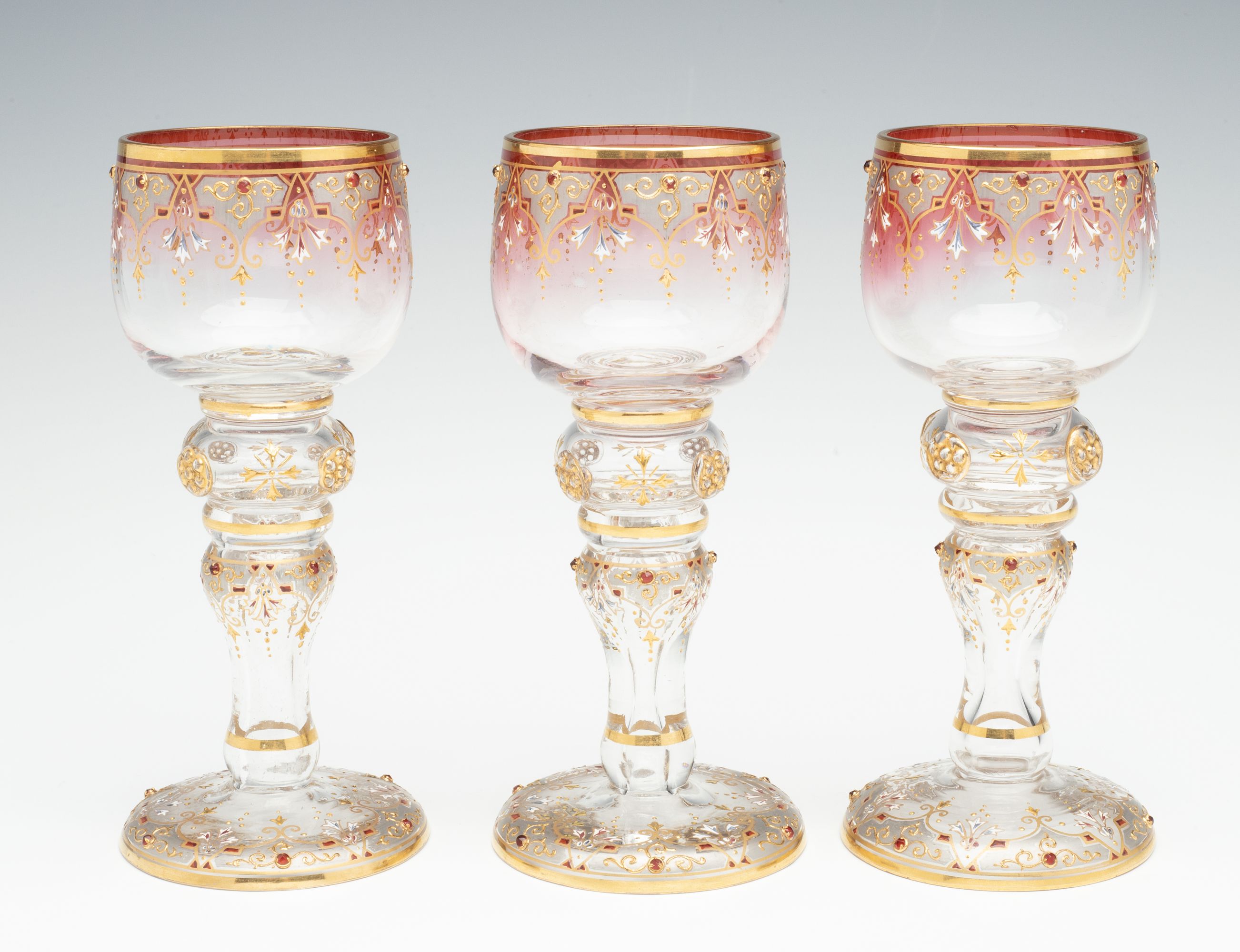 SIX JEWELED AND ENAMELED BOHEMIAN ART GLASS GOBLETS