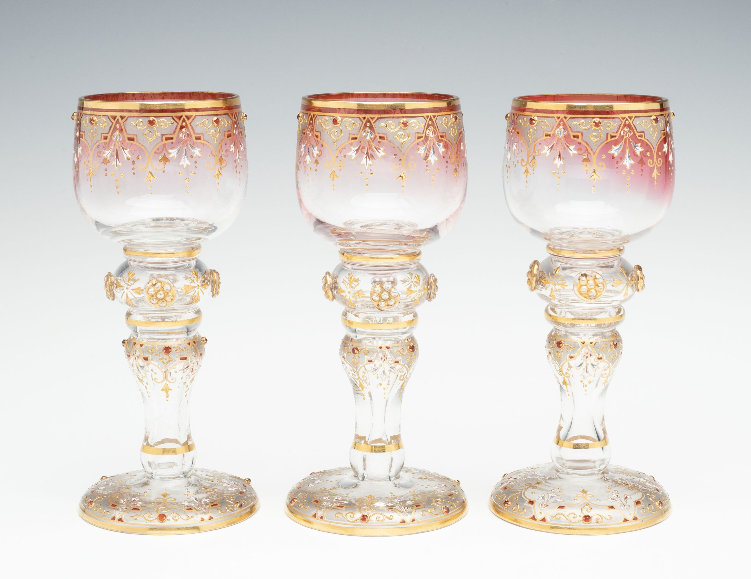 SIX JEWELED AND ENAMELED BOHEMIAN ART GLASS GOBLETS