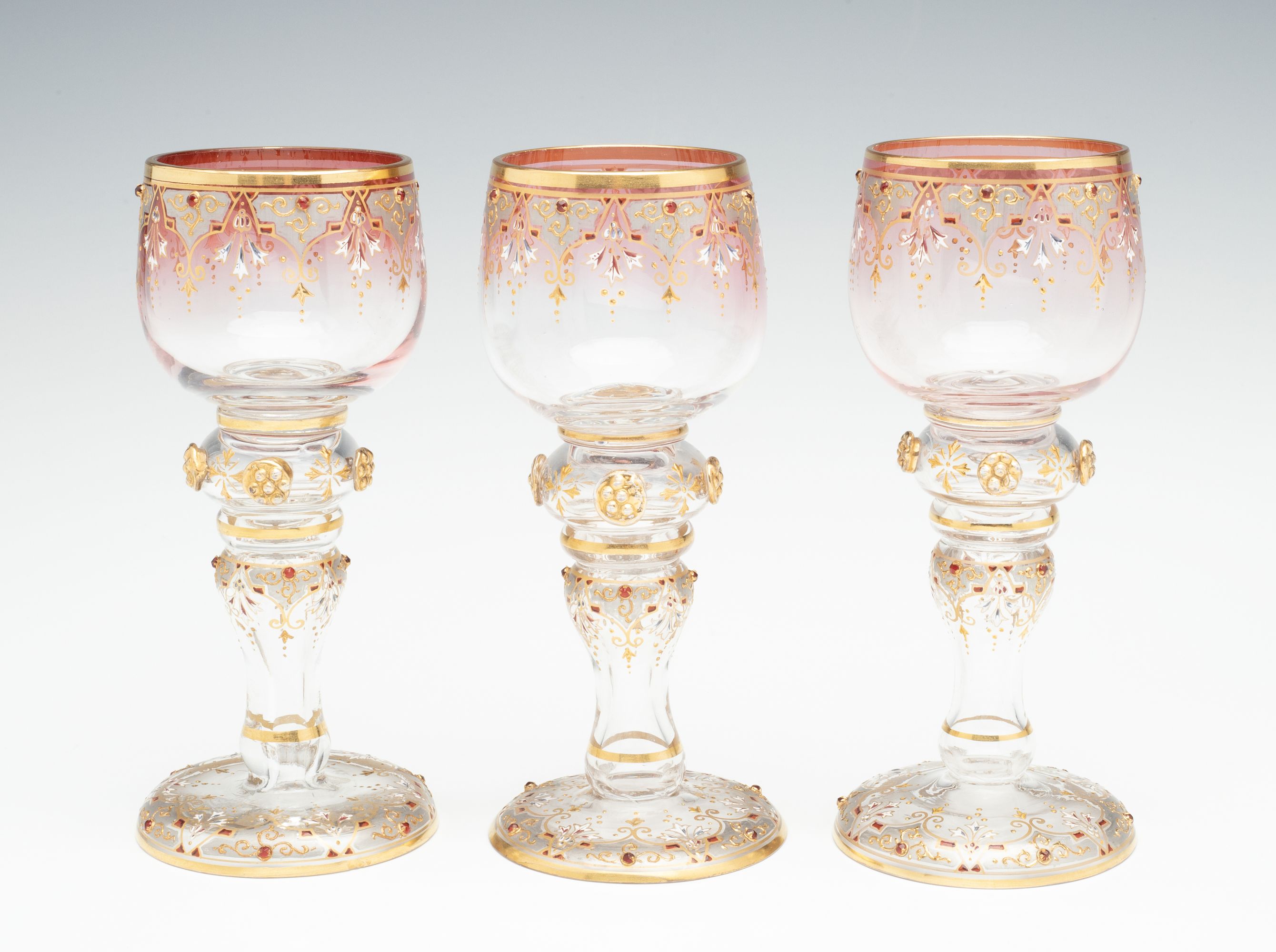 SIX JEWELED AND ENAMELED BOHEMIAN ART GLASS GOBLETS