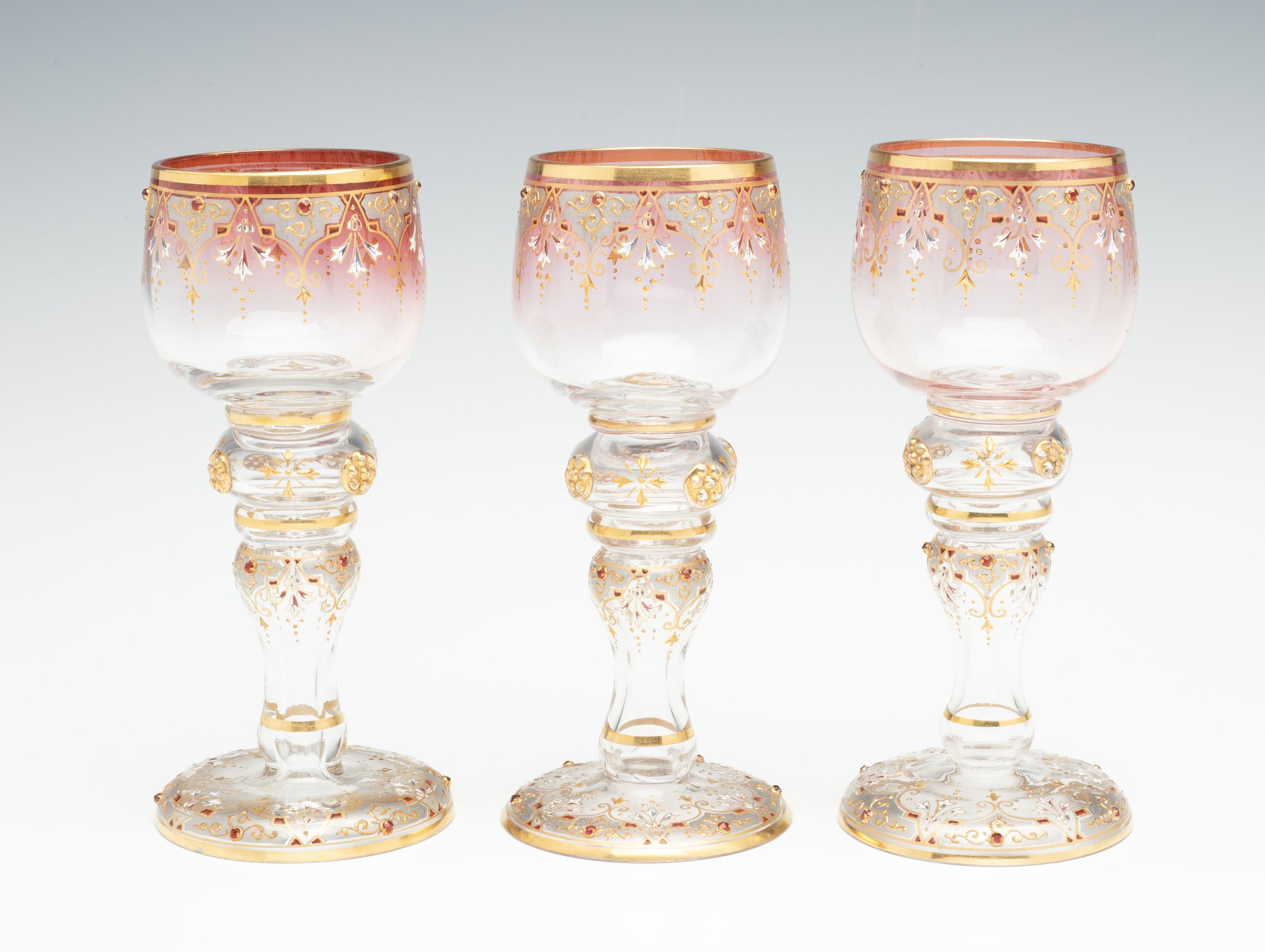 SIX JEWELED AND ENAMELED BOHEMIAN ART GLASS GOBLETS