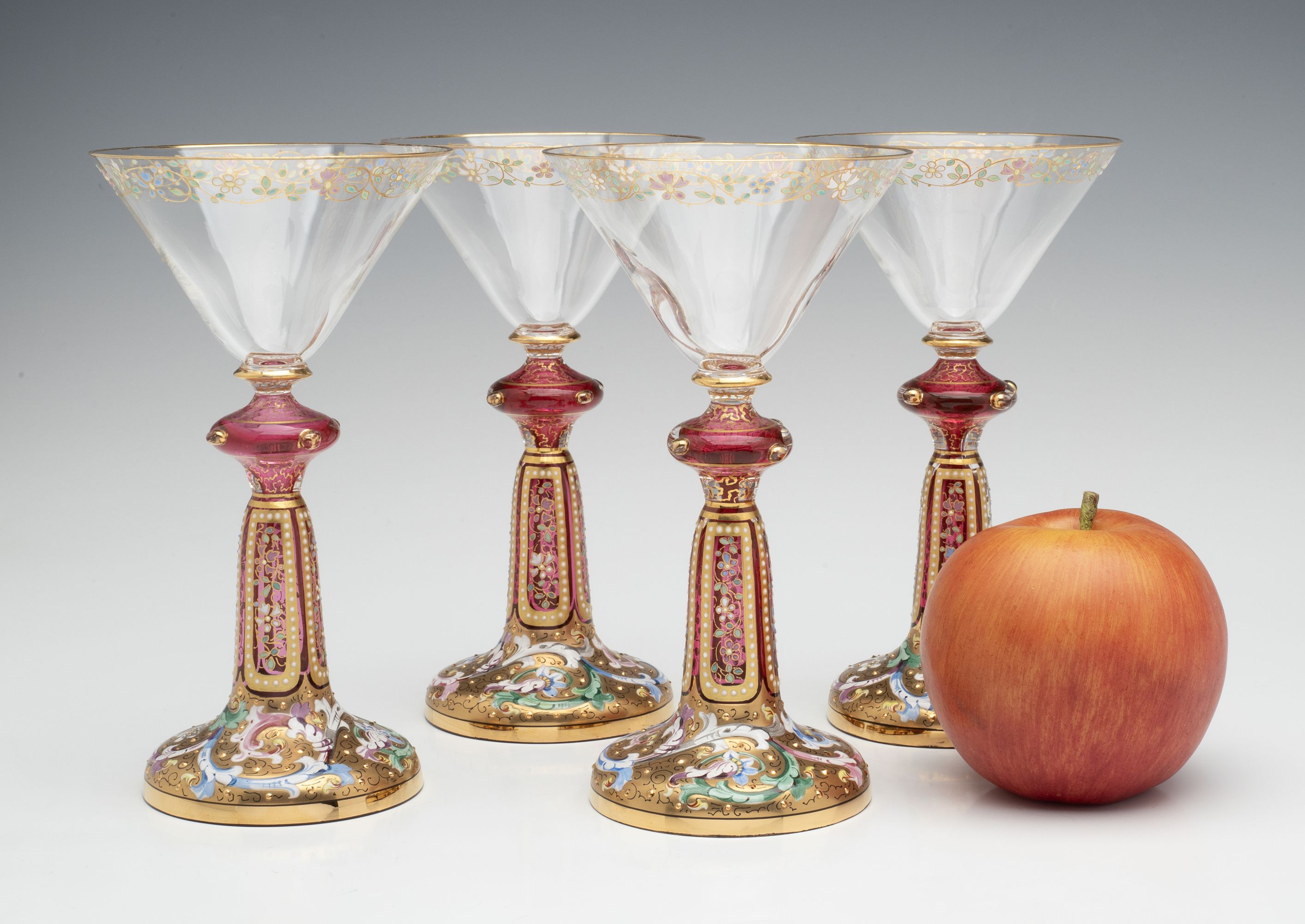 FOUR VERY UNUSUAL GILT AND ENAMEL MOSER WINE GOBLETS