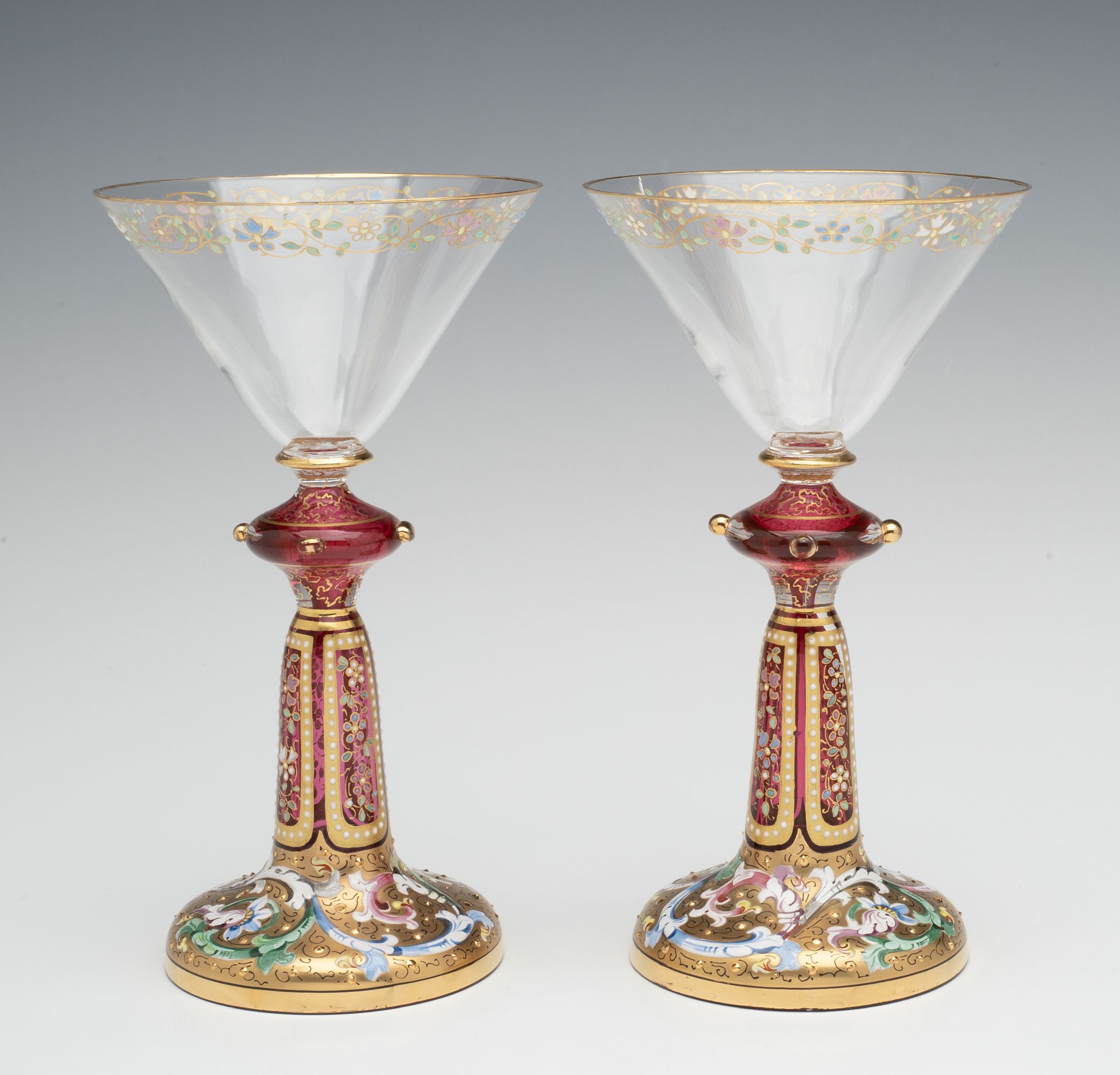 FOUR VERY UNUSUAL GILT AND ENAMEL MOSER WINE GOBLETS