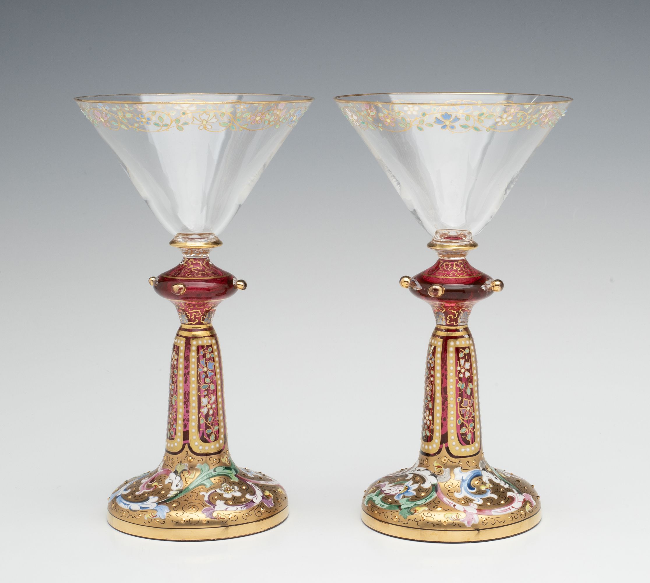 FOUR VERY UNUSUAL GILT AND ENAMEL MOSER WINE GOBLETS