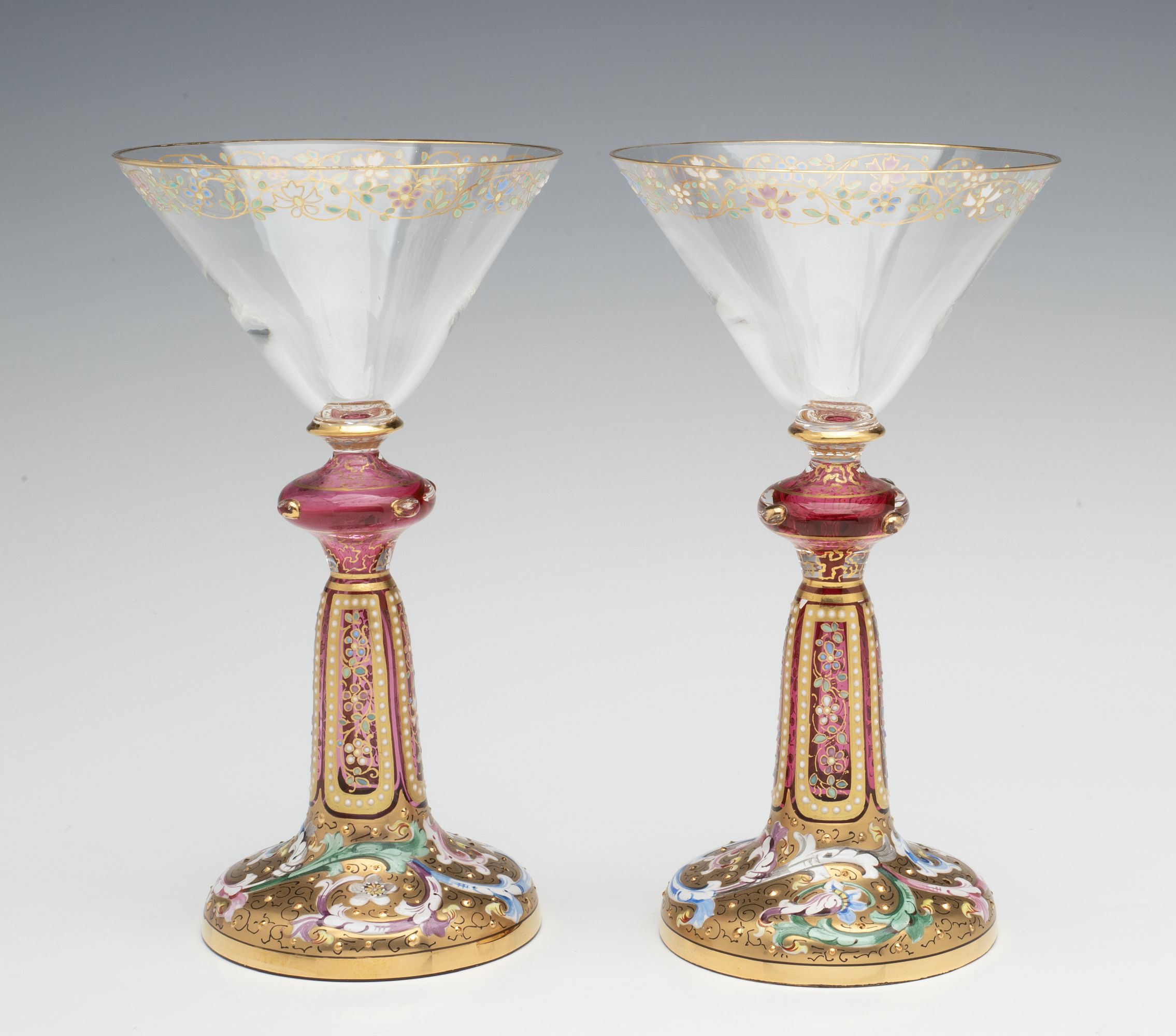 FOUR VERY UNUSUAL GILT AND ENAMEL MOSER WINE GOBLETS