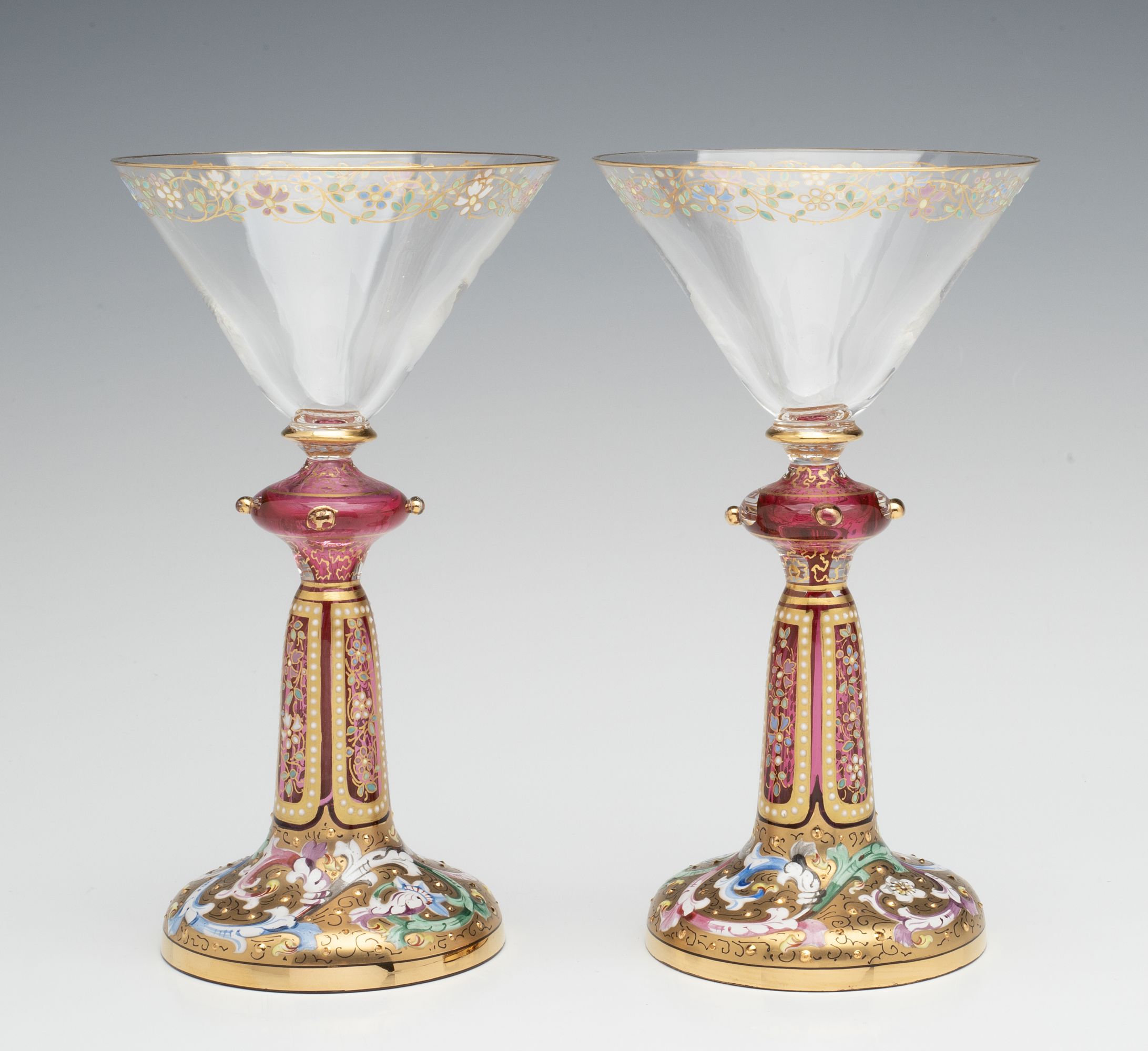 FOUR VERY UNUSUAL GILT AND ENAMEL MOSER WINE GOBLETS