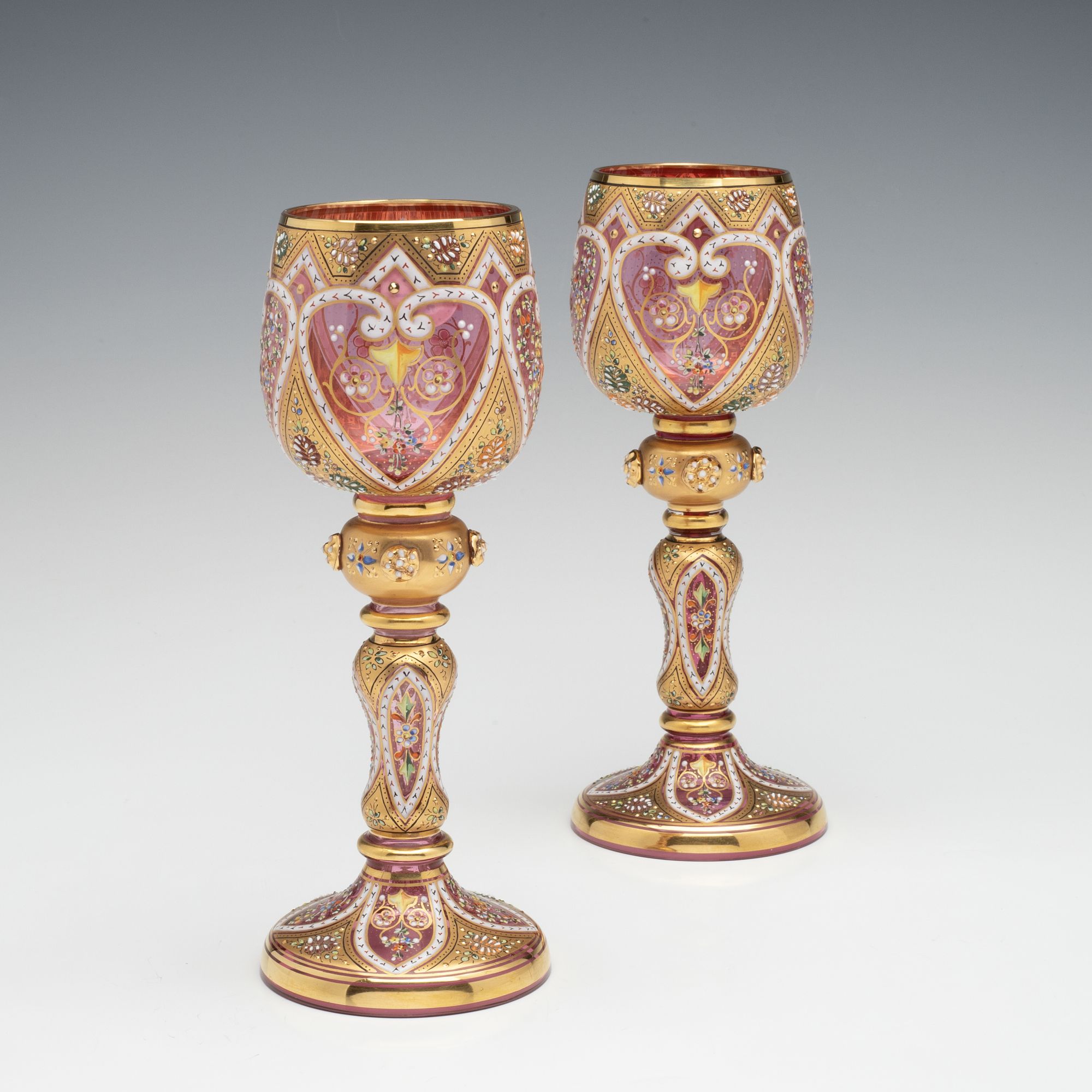 MOSER ISLAMIC INFLUENCE GILT AND ENAMELED WINE GOBLETS