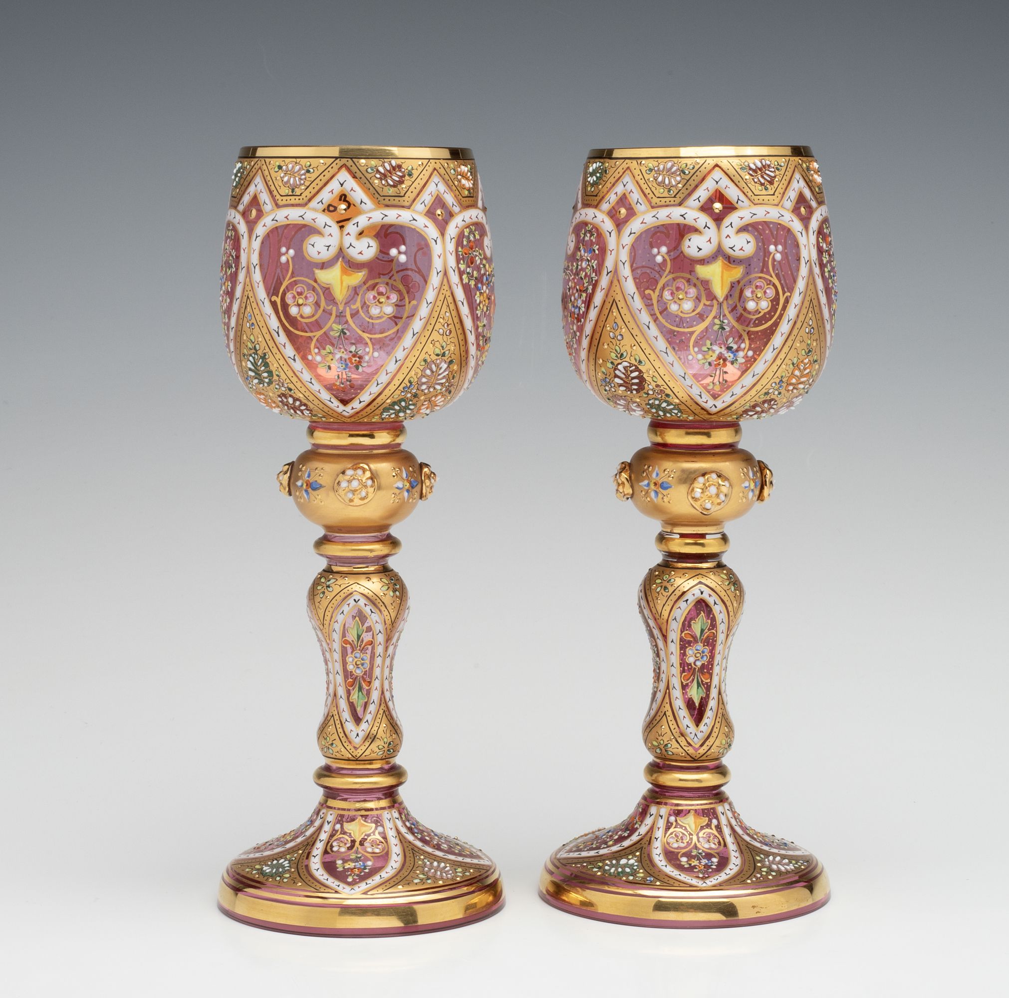 MOSER ISLAMIC INFLUENCE GILT AND ENAMELED WINE GOBLETS