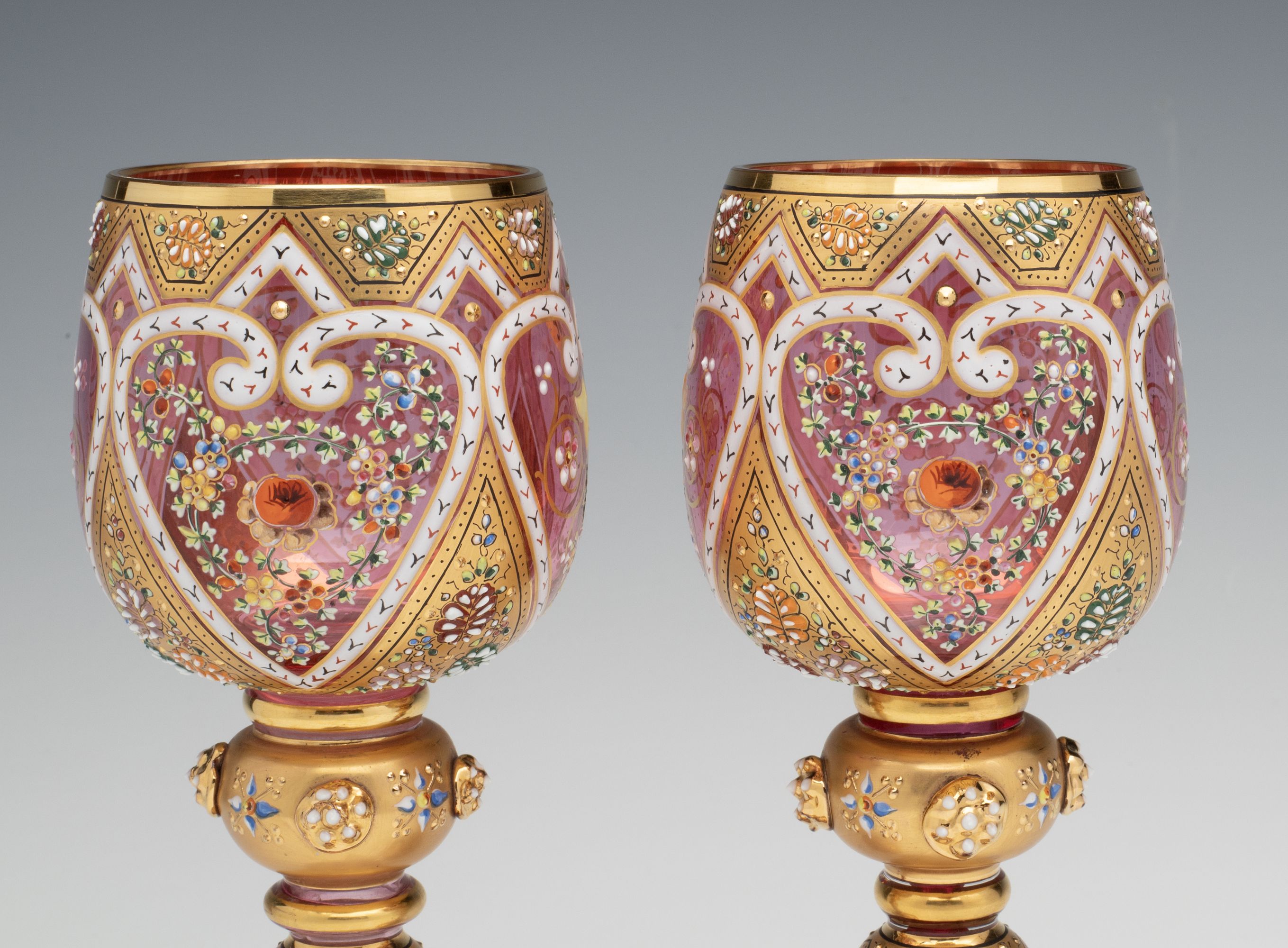 MOSER ISLAMIC INFLUENCE GILT AND ENAMELED WINE GOBLETS