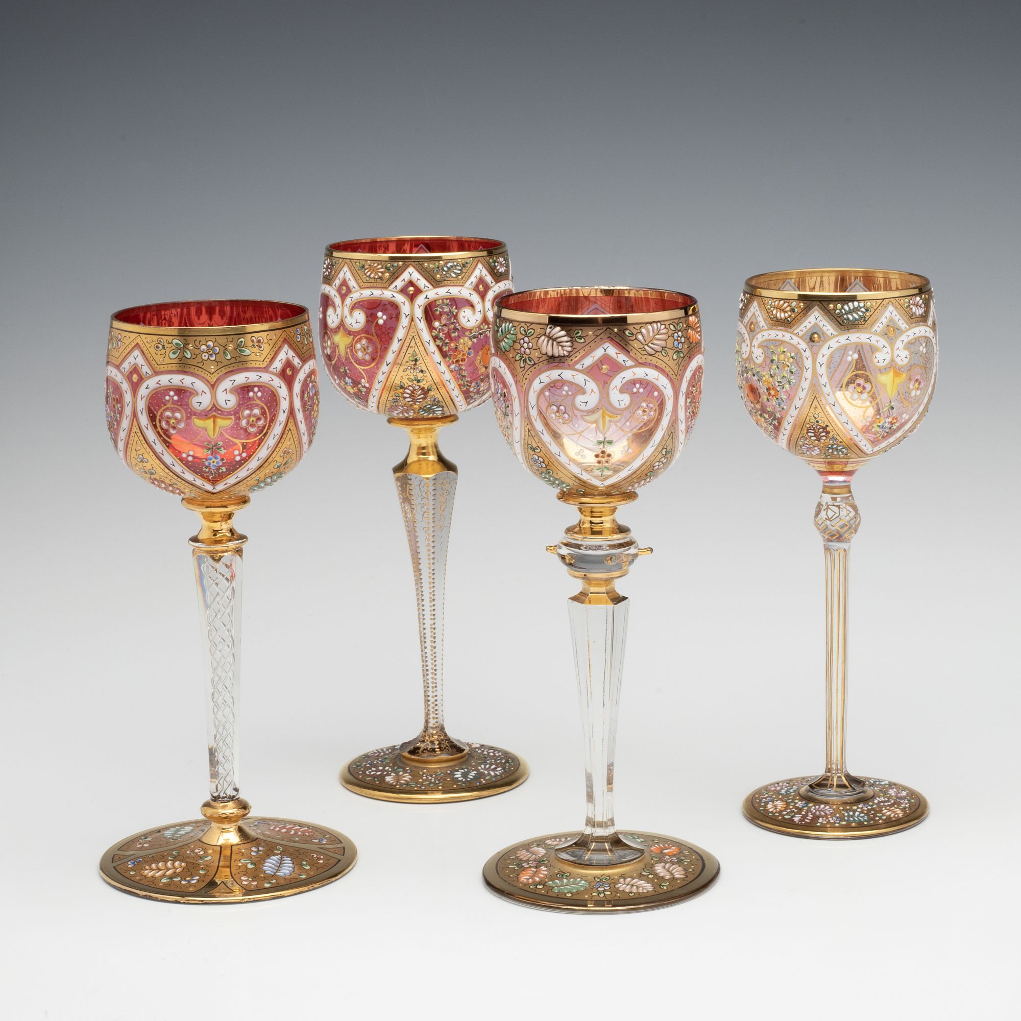 MOSER ISLAMIC INFLUENCE GILT AND ENAMELED WINE GOBLETS