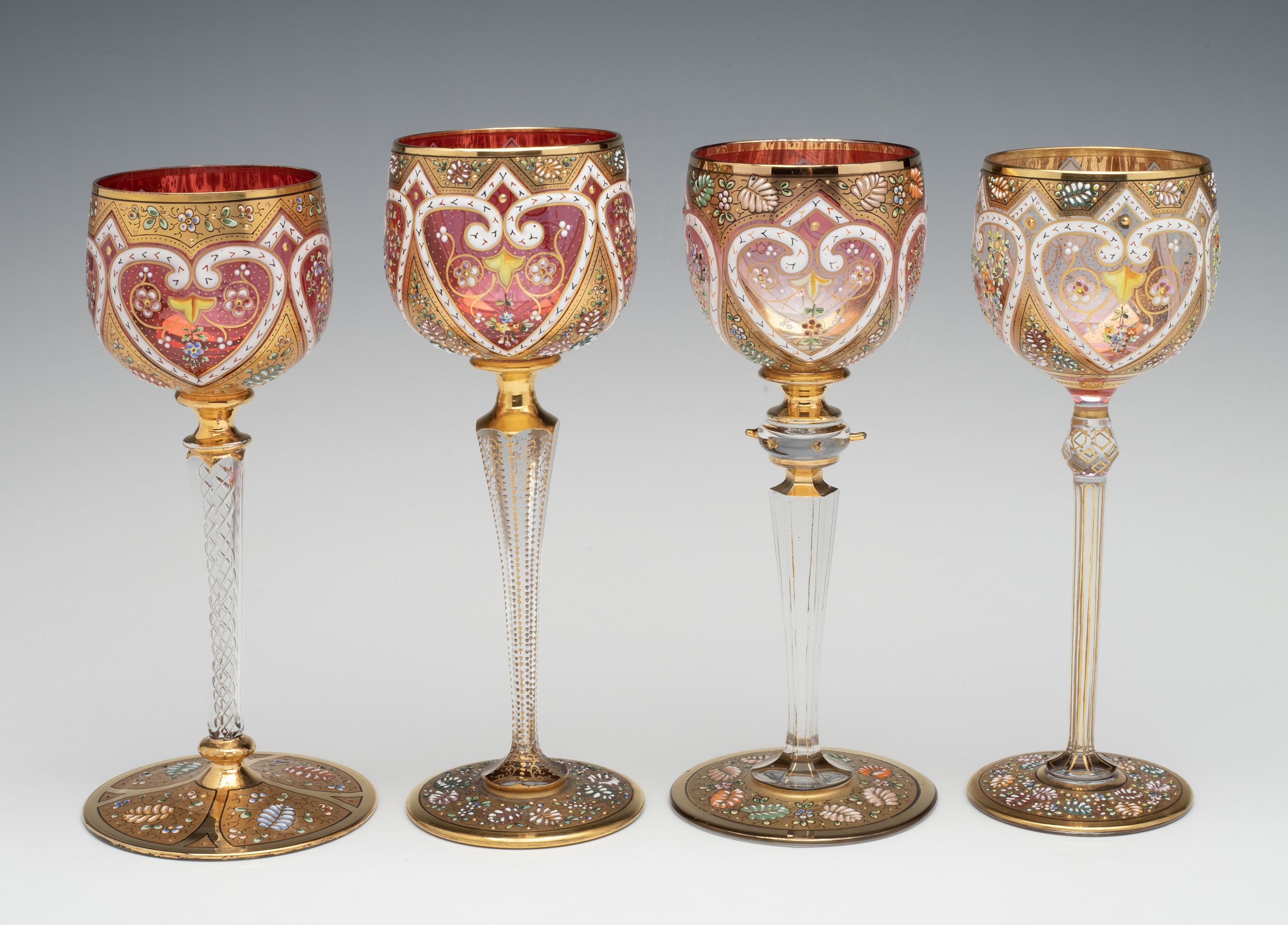 MOSER ISLAMIC INFLUENCE GILT AND ENAMELED WINE GOBLETS