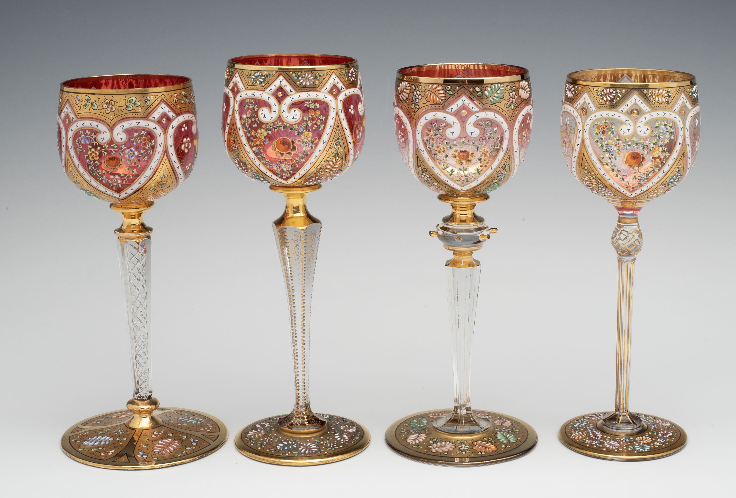 MOSER ISLAMIC INFLUENCE GILT AND ENAMELED WINE GOBLETS